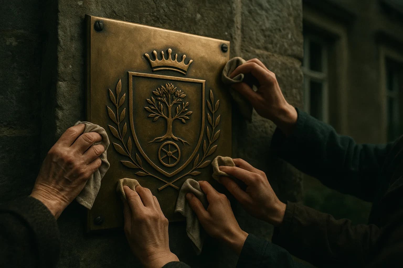 Plaque de laiton gravée d'un emblème collectif, vissée à l'entrée d'une maison de campagne, que plusieurs mains différentes astiquent tour à tour sans qu'aucune ne la possède seule, métaphore d'une marque détenue par ses membres