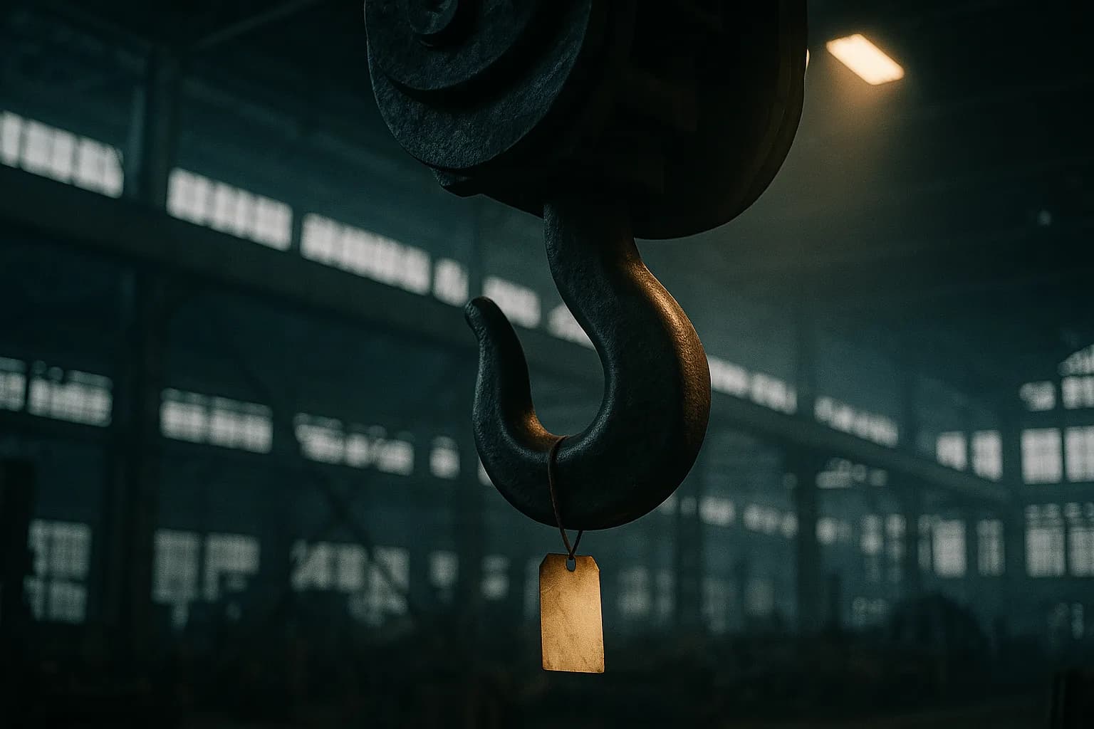 Petite étiquette de fromage artisanale en papier suspendue au crochet d'une grue industrielle géante dans une halle d'usine, métaphore d'une marque de terroir absorbée par un groupe coopératif de grande taille