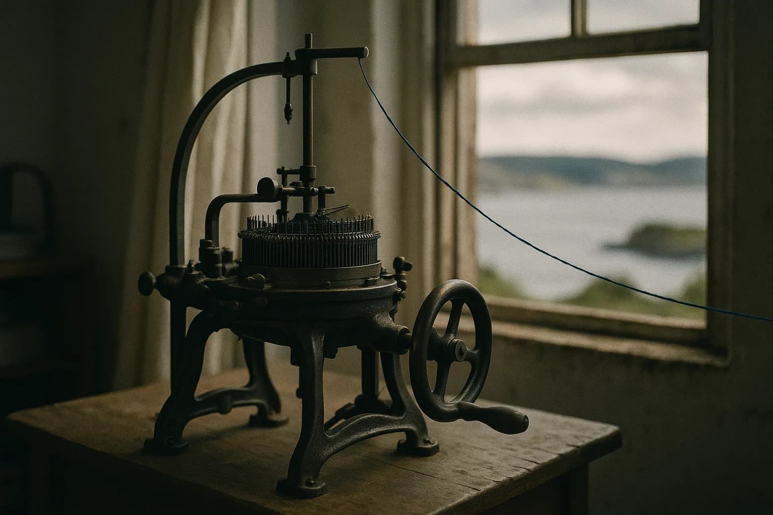 Métier à tricoter ancien en fonte parfaitement entretenu dans un atelier lumineux, fil marin bleu profond tendu vers une fenêtre ouverte sur un paysage de baie, métaphore du savoir-faire ancré qui exporte