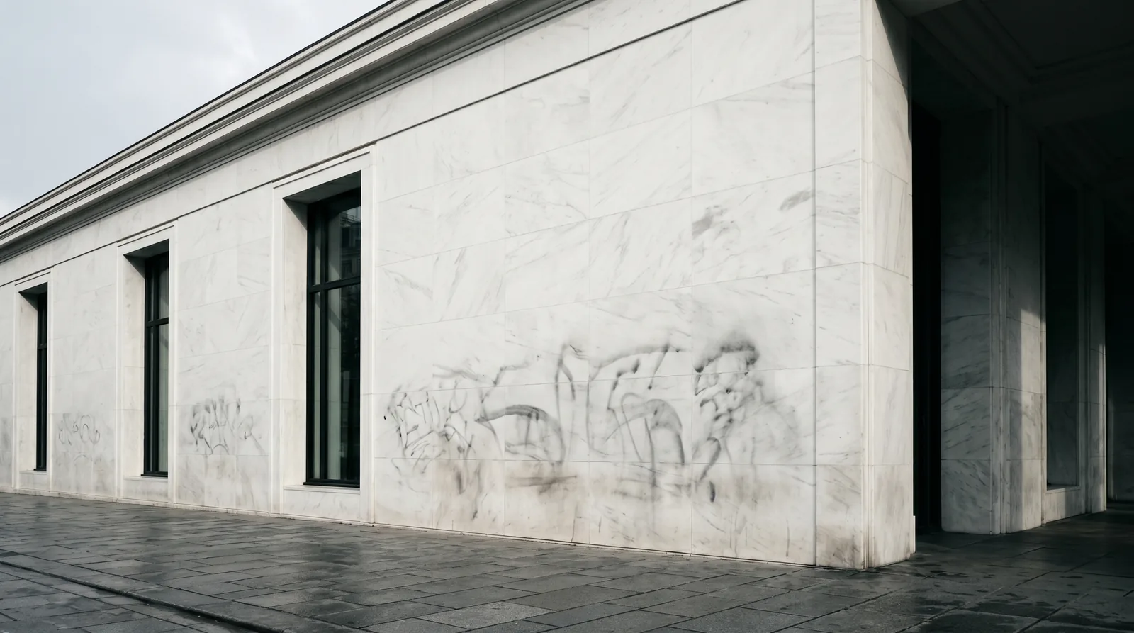 Façade de marbre blanc immaculée laissant deviner les traces sombres d'un graffiti effacé en dessous, métaphore visuelle du rebrand cohérent qui n'a pas traité les passifs