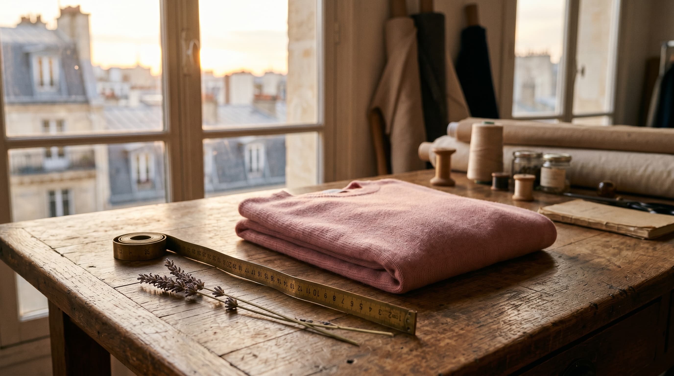 Établi d'atelier parisien avec pull rose plié, mètre en laiton et lavande séchée à l'heure dorée, métaphore visuelle du drop daté et de la rareté programmée