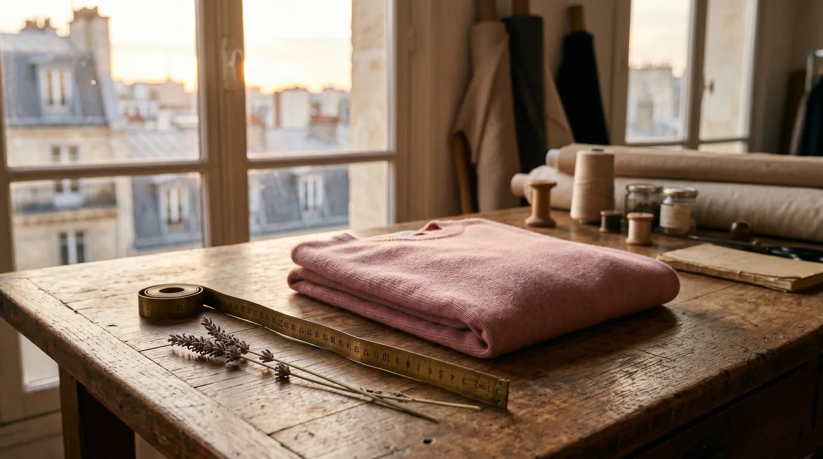Établi d'atelier parisien avec pull rose plié, mètre en laiton et lavande séchée à l'heure dorée