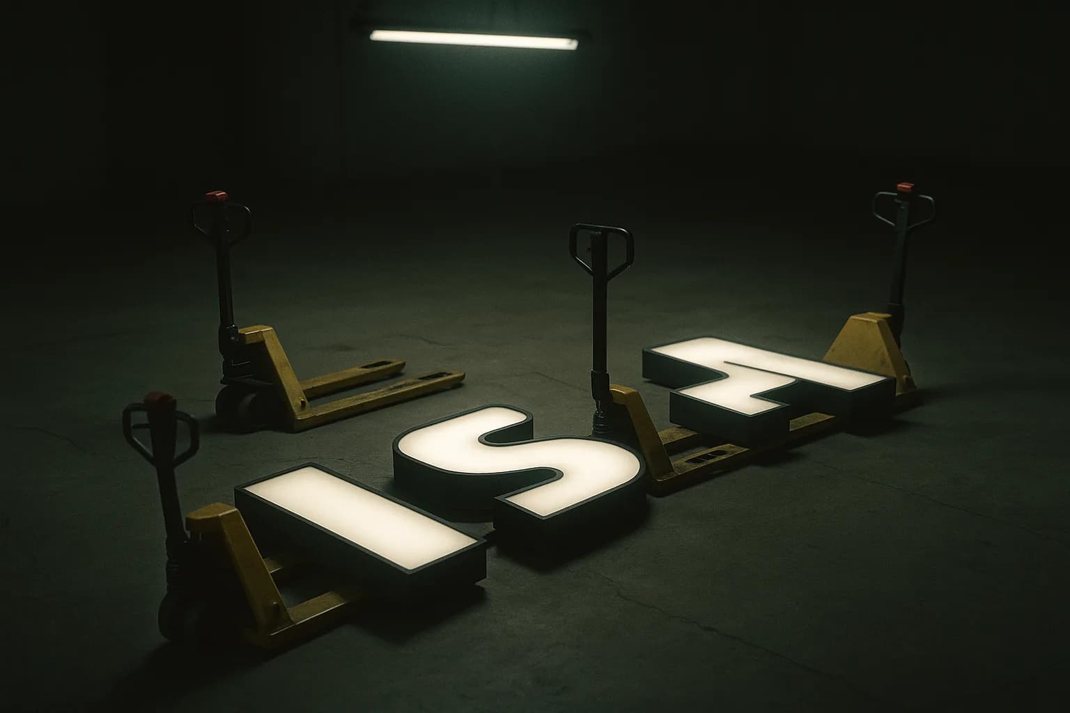 Lettres d'enseigne lumineuses démontées, posées à plat sur le sol de béton d'un entrepôt sombre sous un unique néon, chacune chargée sur un transpalette qui l'emporte dans une direction différente, métaphore d'une marque découpée entre trois concurrents