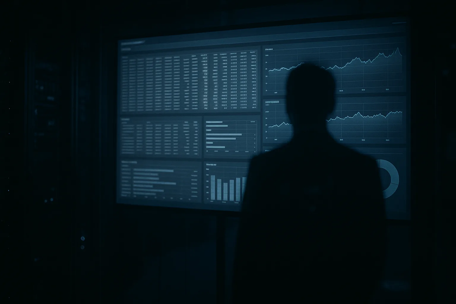 Écran de supervision informatique et reflet d’une silhouette : illustration éditoriale du lien entre logiciel et éditeur.