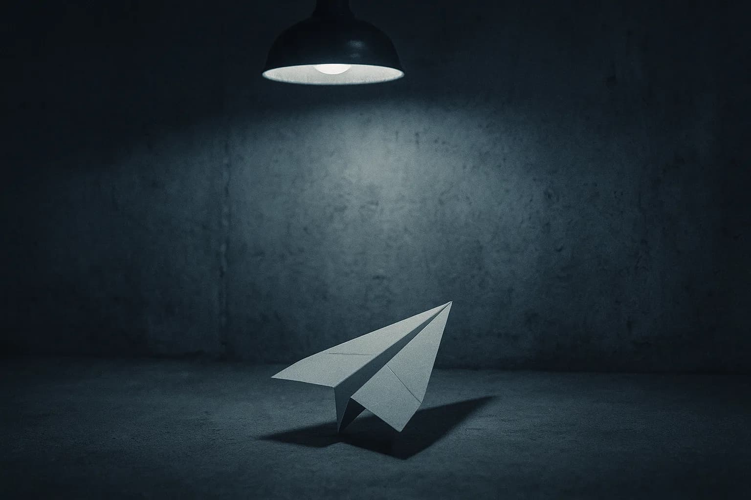 Un avion en papier plié projetant une longue ombre dure sur un mur de béton nu de salle d'interrogatoire sous une unique lampe crue, isolement et surveillance, gris-bleu désaturé, métaphore d'une marque de liberté d'expression rattrapée par la justice