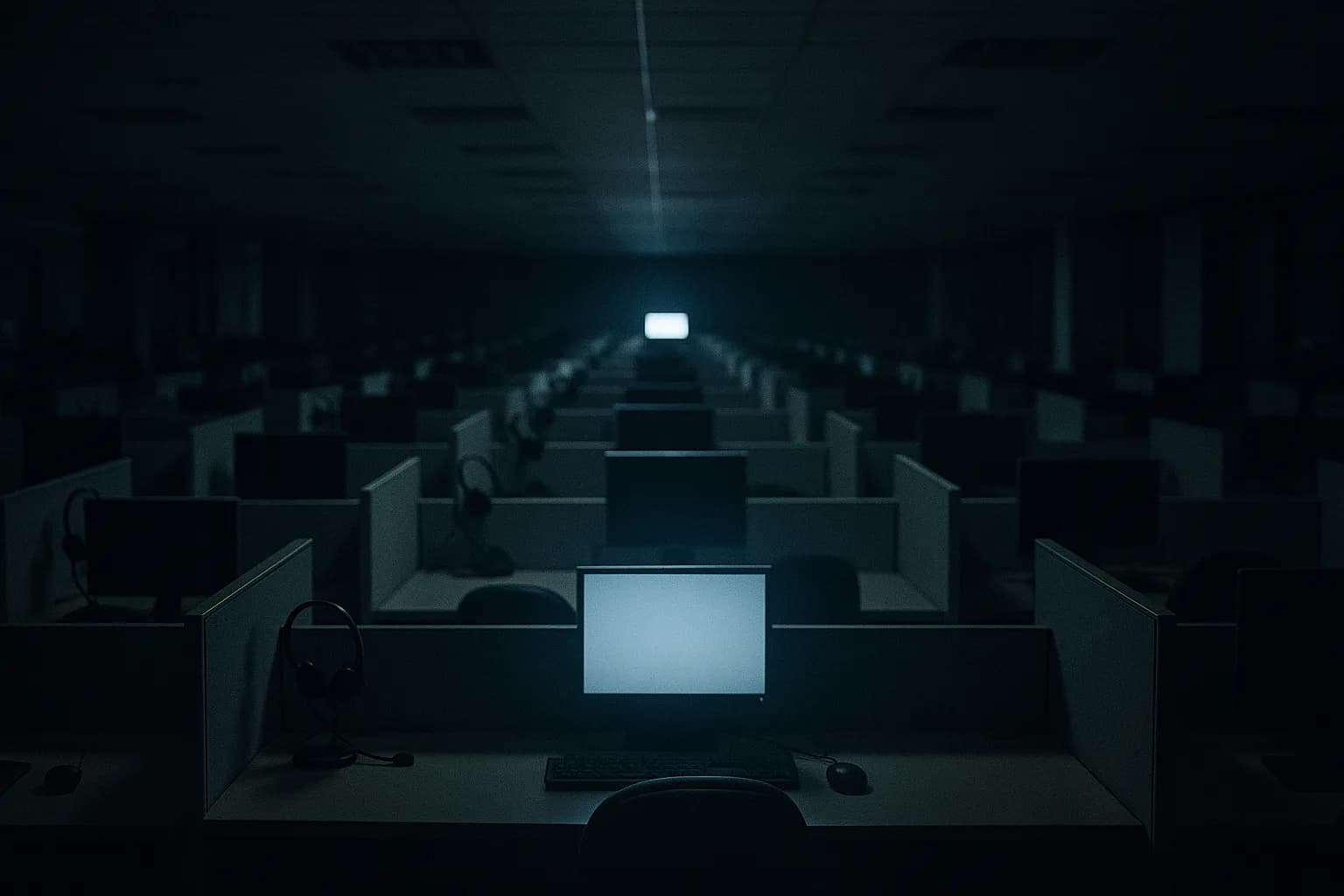 Plateau de centre d'appels vide la nuit, des centaines de casques posés sur les bureaux, un seul écran allumé affichant deux lettres lumineuses abstraites, métaphore visuelle du nom raccourci face à la menace qui ne raccourcit pas