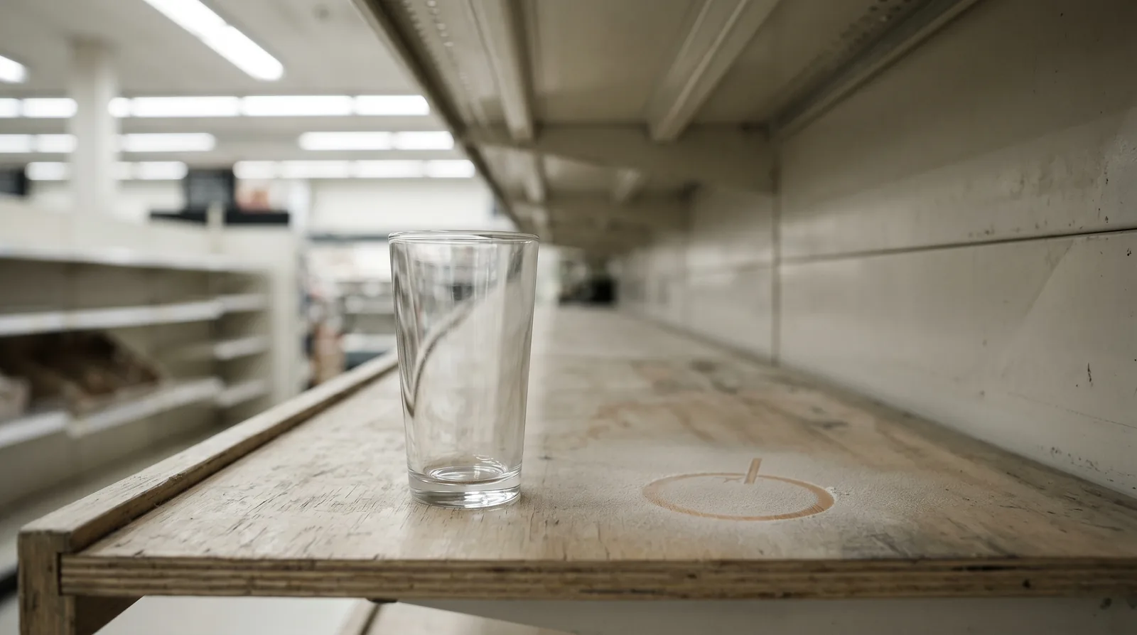 Verre vide posé sur une étagère de supermarché vide à côté de la trace en poussière d'une orange à la paille retirée, métaphore visuelle d'une icône détruite et de l'équité de marque évaporée
