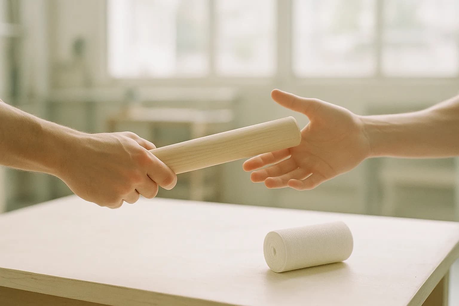 Un relais de course en bois clair passant d'une main à une autre au-dessus d'un établi d'atelier baigné de lumière du jour, un rouleau de gaze blanche posé à côté, métaphore d'une présidence familiale qui se transmet sans que l'objet change