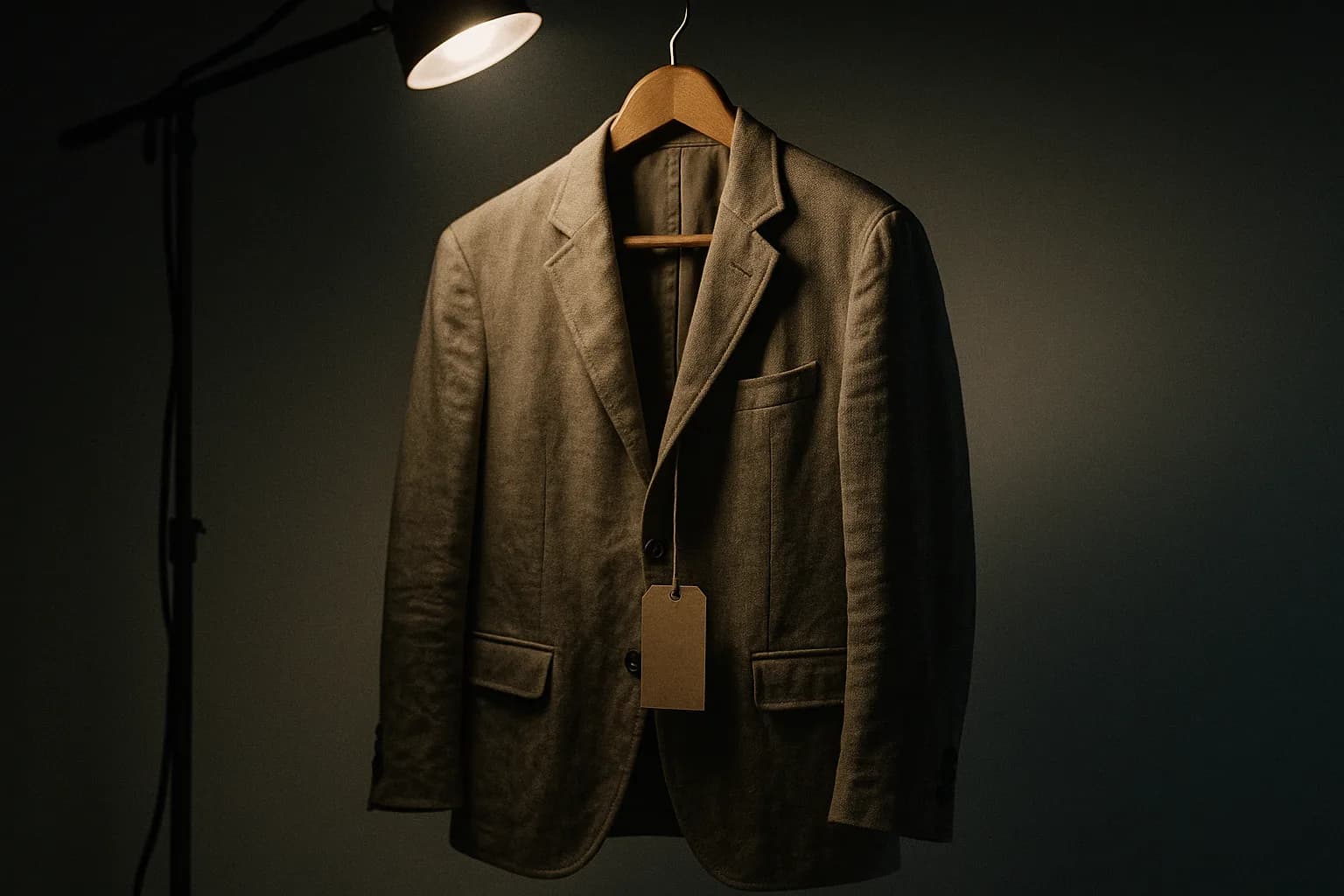 Un vêtement d'occasion sur un cintre en bois présenté comme un produit neuf de luxe sous une lumière de studio douce et propre, une petite étiquette vierge, fond minimaliste, métaphore de la seconde main érigée en objet désirable