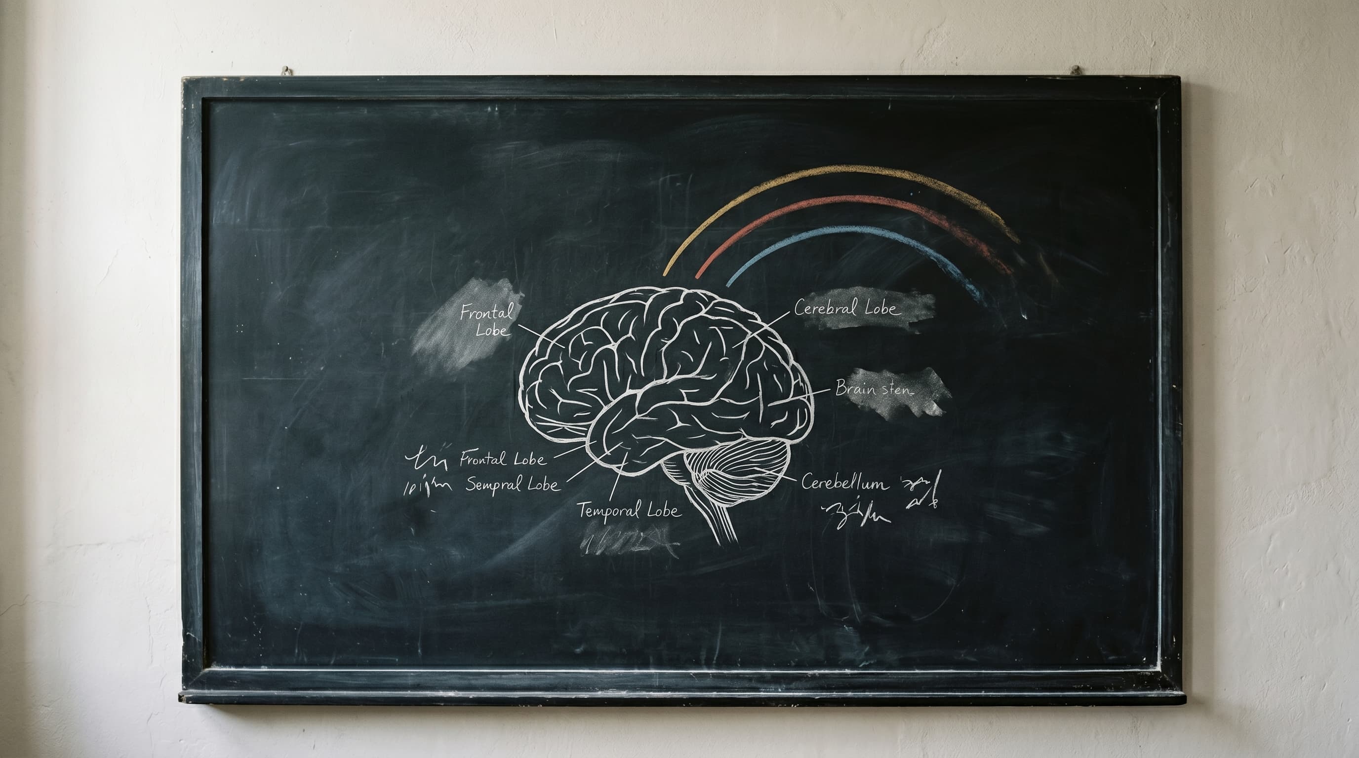 Cerveau humain dessiné à la craie blanche sur ardoise noire avec trois courbes colorées émanant comme un arc-en-ciel sobre, métaphore visuelle d'une coopérative qui place l'intelligence et l'humanité au centre de son système