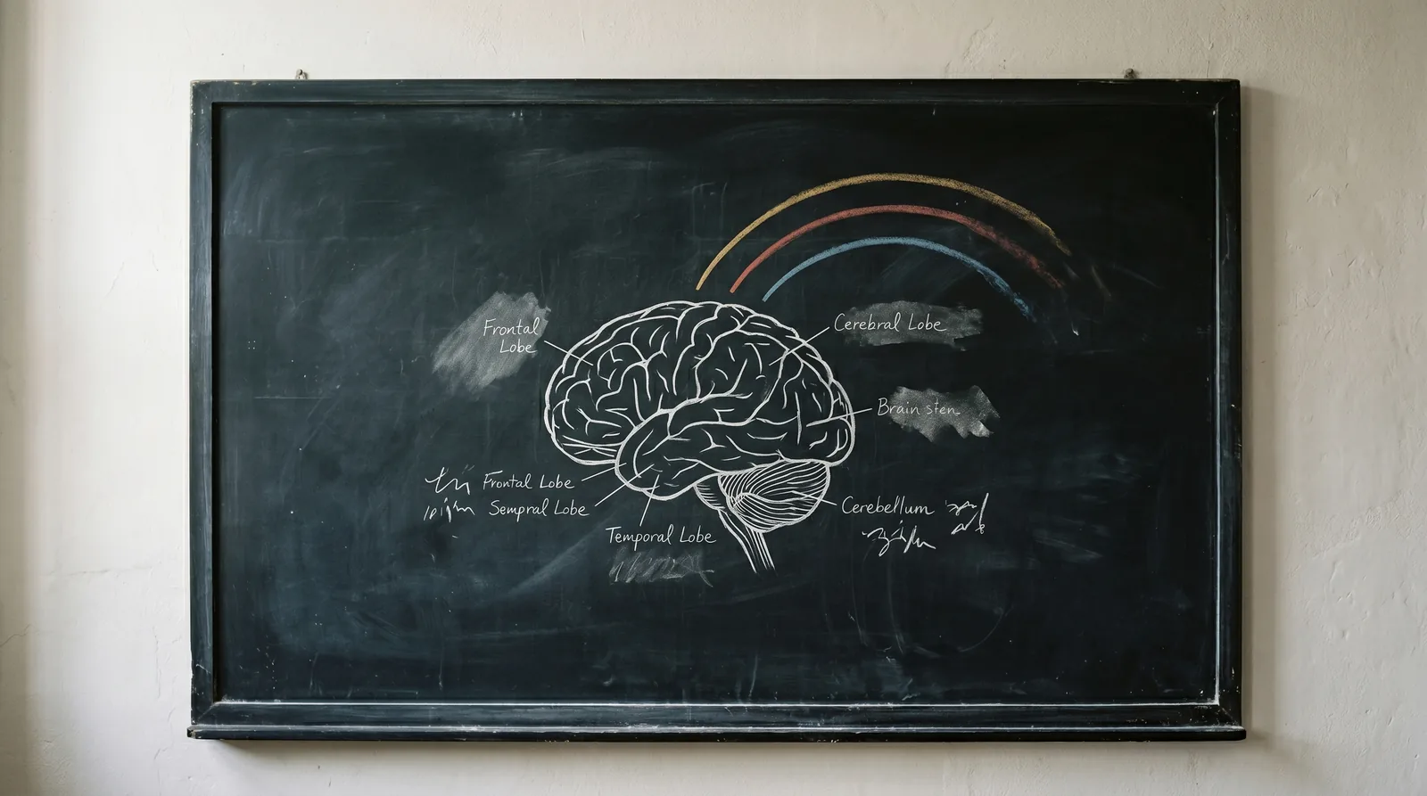 Cerveau humain dessiné à la craie blanche sur ardoise noire avec trois courbes colorées émanant comme un arc-en-ciel sobre, métaphore visuelle d'une coopérative qui place l'intelligence et l'humanité au centre de son système