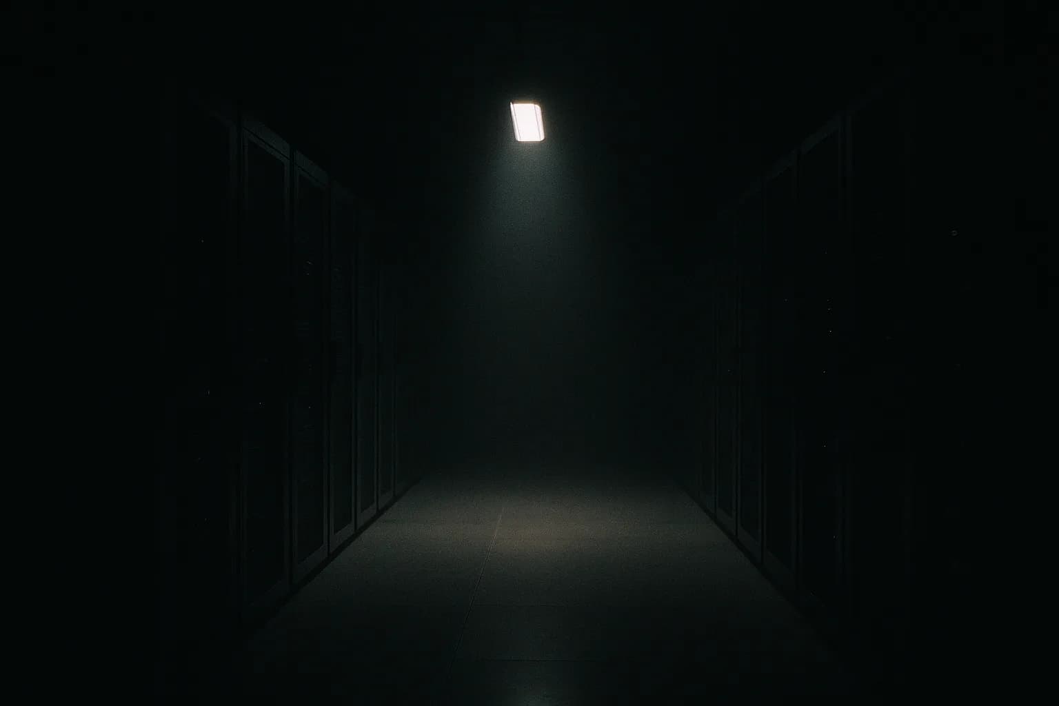 Immense salle de serveurs plongée dans le noir, une seule allée brutalement éclairée par un projecteur venu du plafond qui découpe un rectangle de lumière sur le sol, le reste de l'installation restant invisible, métaphore d'une infrastructure soudain exposée