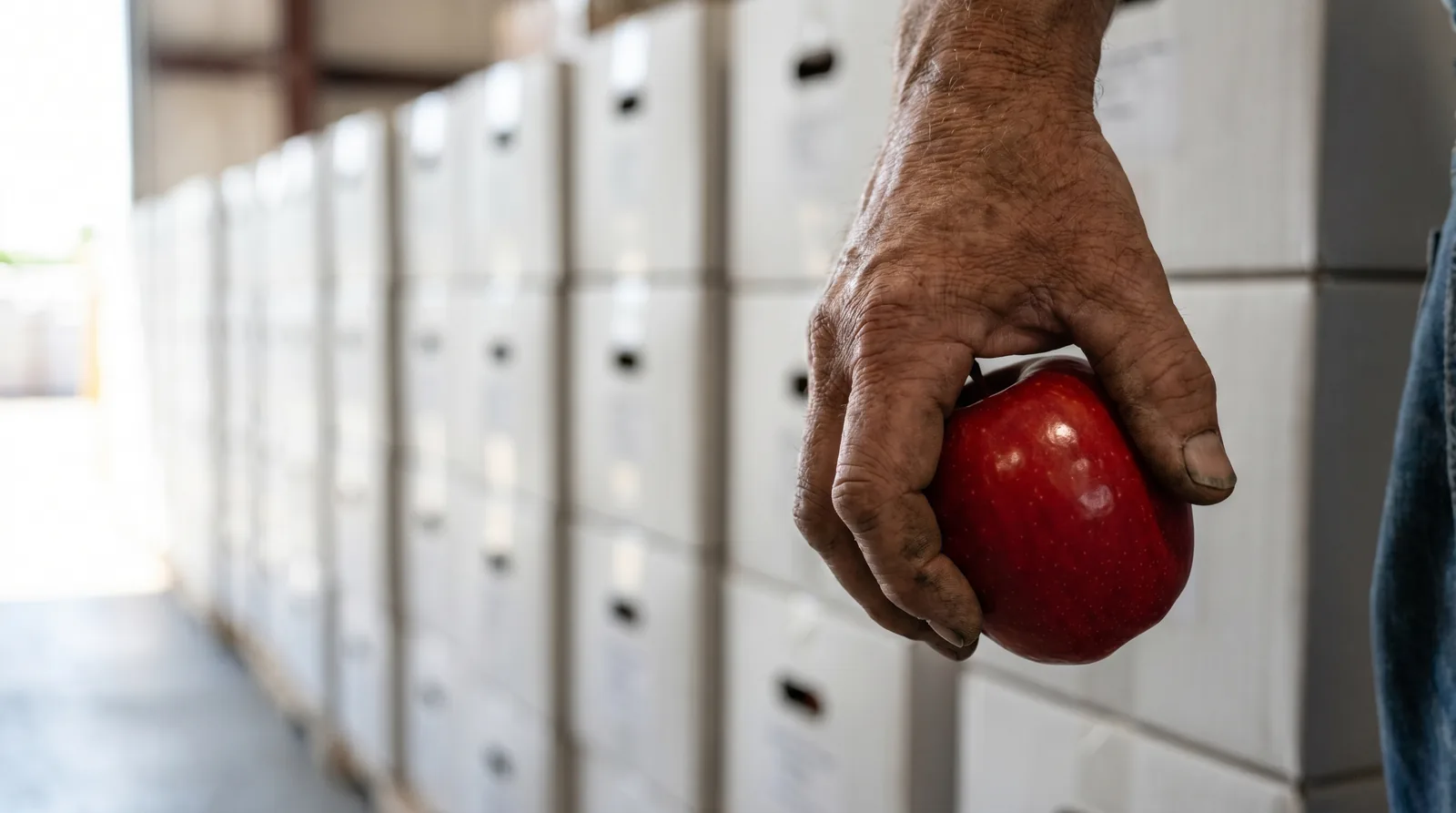 Main tenant une pomme rouge devant une rangée floue de boîtes alimentaires anonymes, métaphore de la souveraineté de doctrine