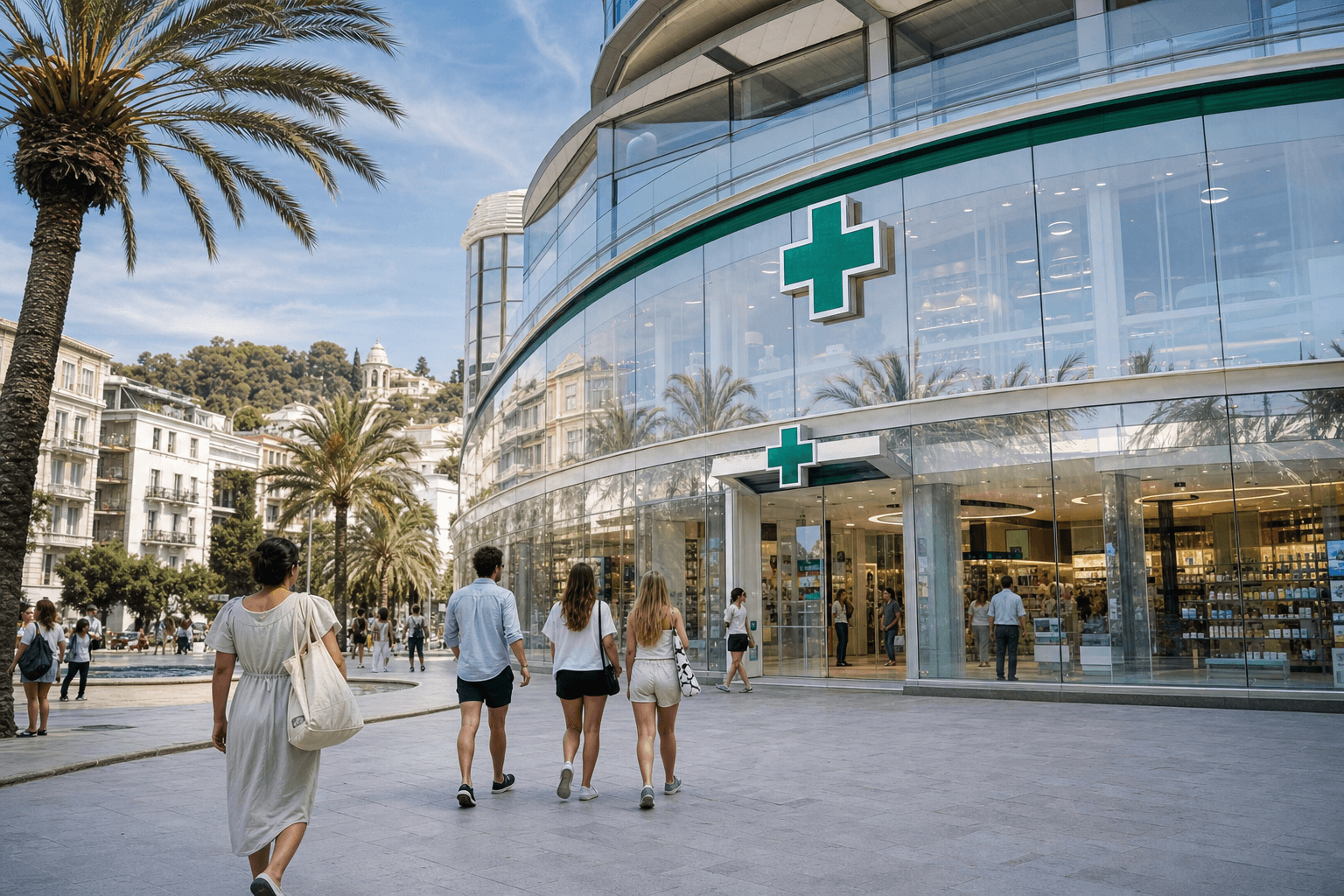 Une grande pharmacie moderne à façade vitrée sur une place ensoleillée du sud de l'Europe.