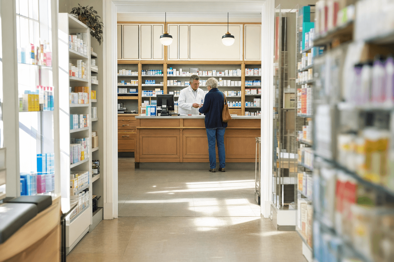 L'intérieur calme d'une officine de proximité, une pharmacienne et une patiente au comptoir.