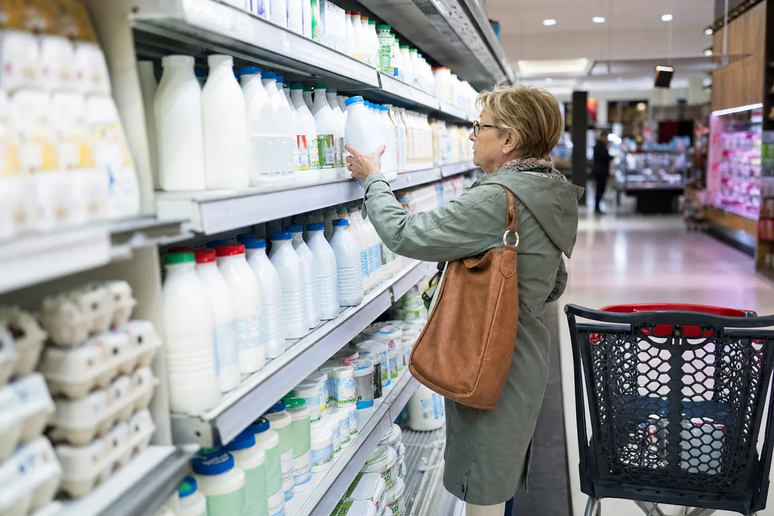 Rayon laitier réfrigéré d'un supermarché français, bouteilles de lait, lumière du jour, un client se sert.