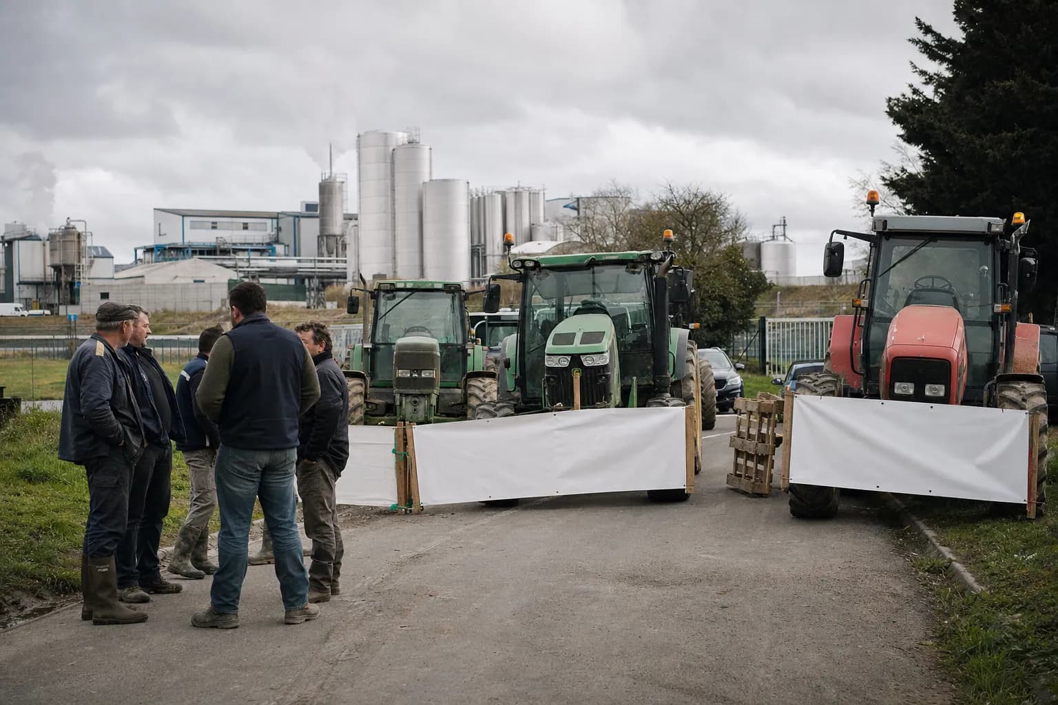 Des tracteurs bloquent l'entrée d'une usine laitière lors d'une manifestation d'agriculteurs, ciel couvert.