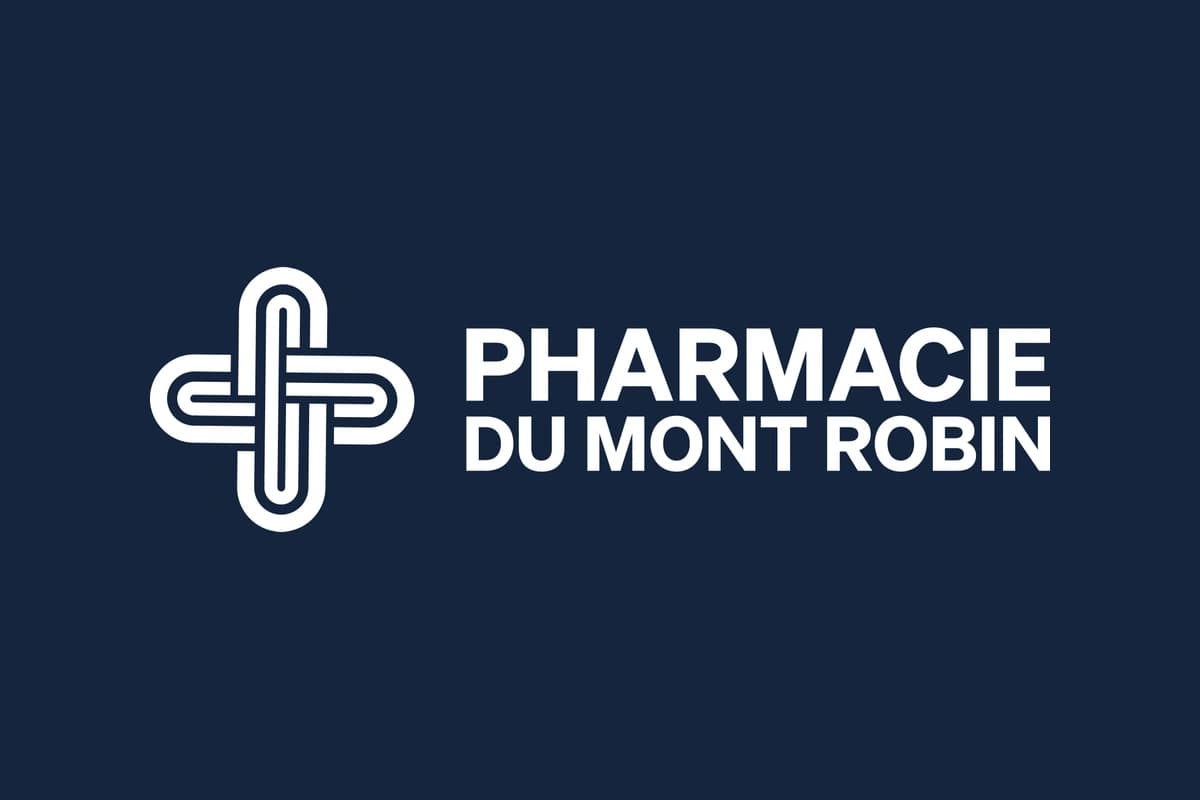 Pharmacie du Mont Robin : déclinaison monochrome blanche du logo original sur fond marine