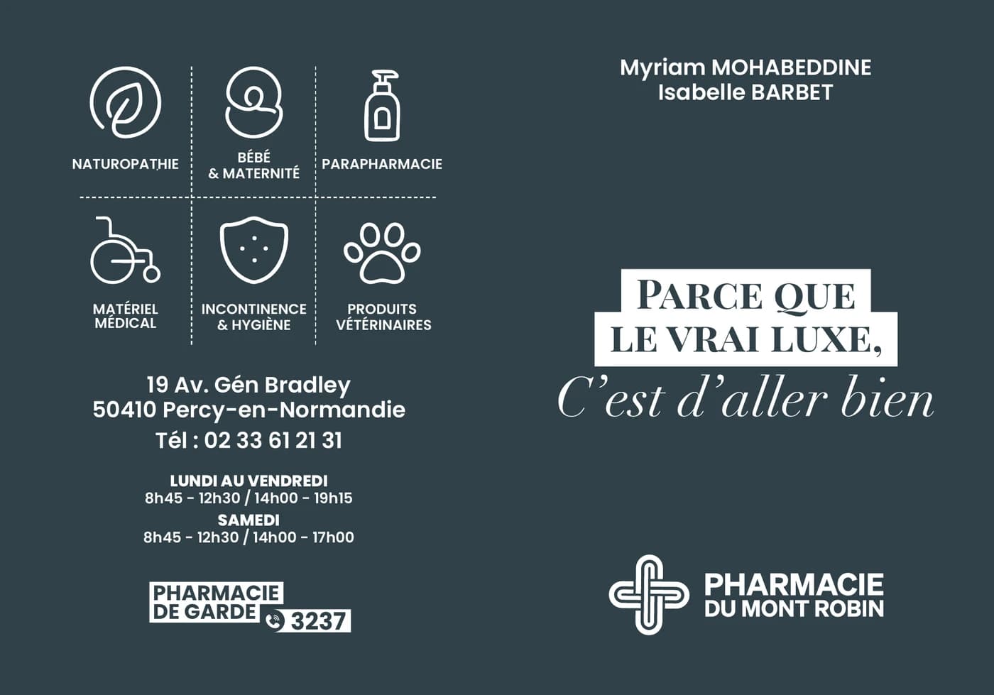 Pharmacie du Mont Robin : création originale du porte-carte Vitale, pictogrammes et signature