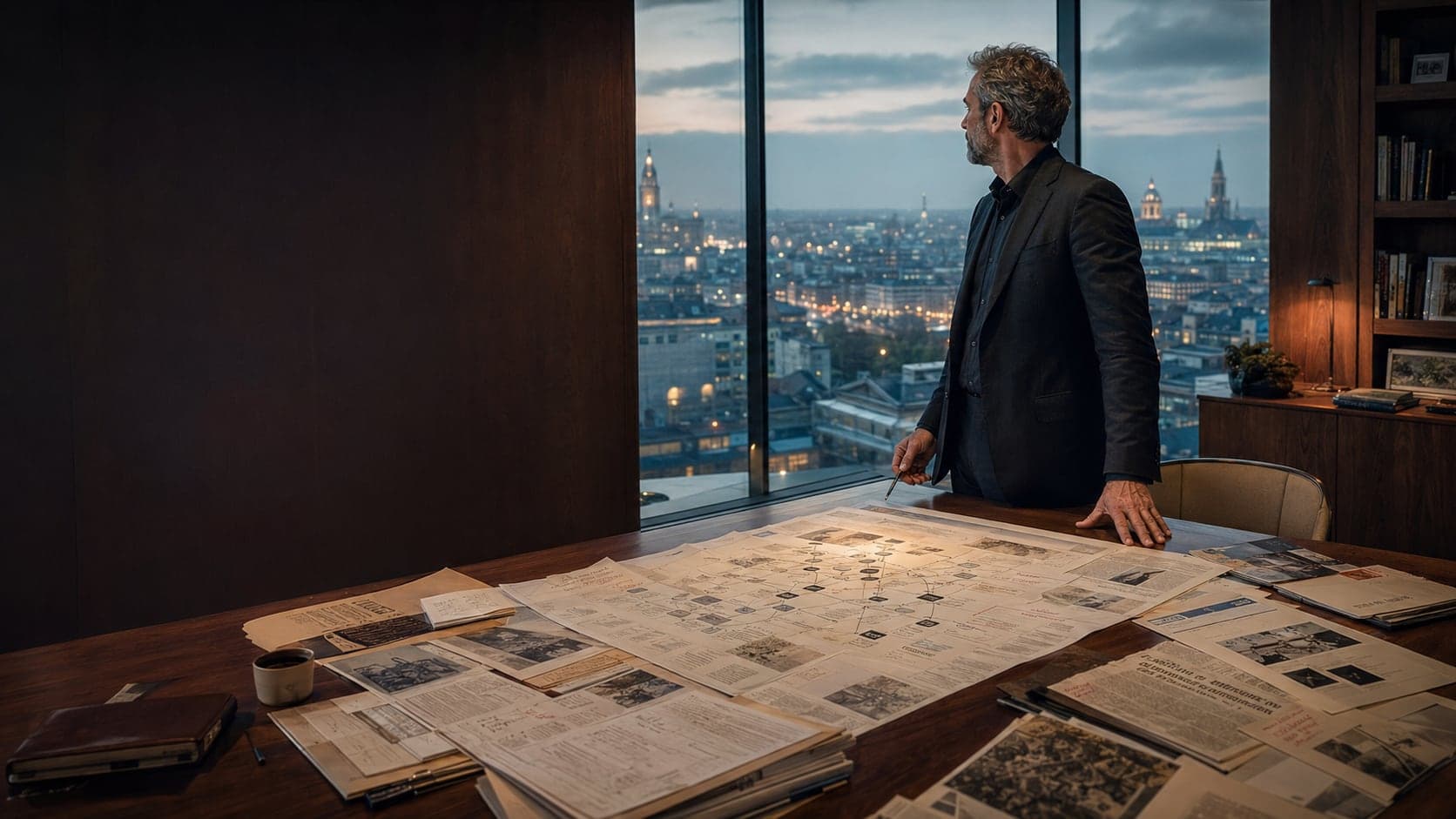 Vue d’un bureau de stratégie ouvert sur la ville, documents et analyses déployés sur une table.