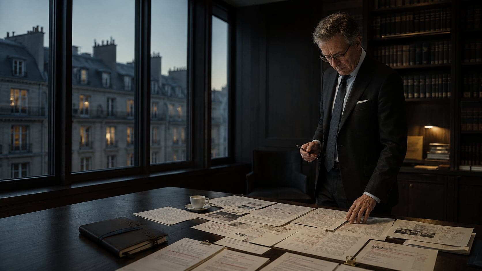 Un avocat examine des pièces étalées sur la table de son cabinet lambrissé, une bibliothèque de codes juridiques derrière lui, les toits de Paris à la fenêtre.