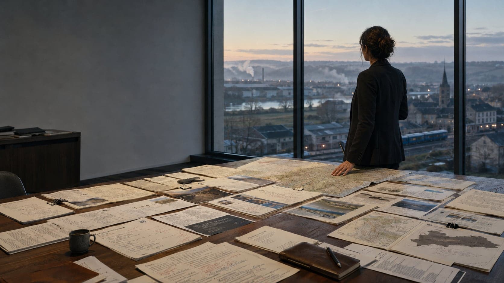 Une responsable de collectivité étudie une carte du territoire déployée sur la grande table de son bureau, la ville et sa zone d’activité visibles à la fenêtre au petit matin.