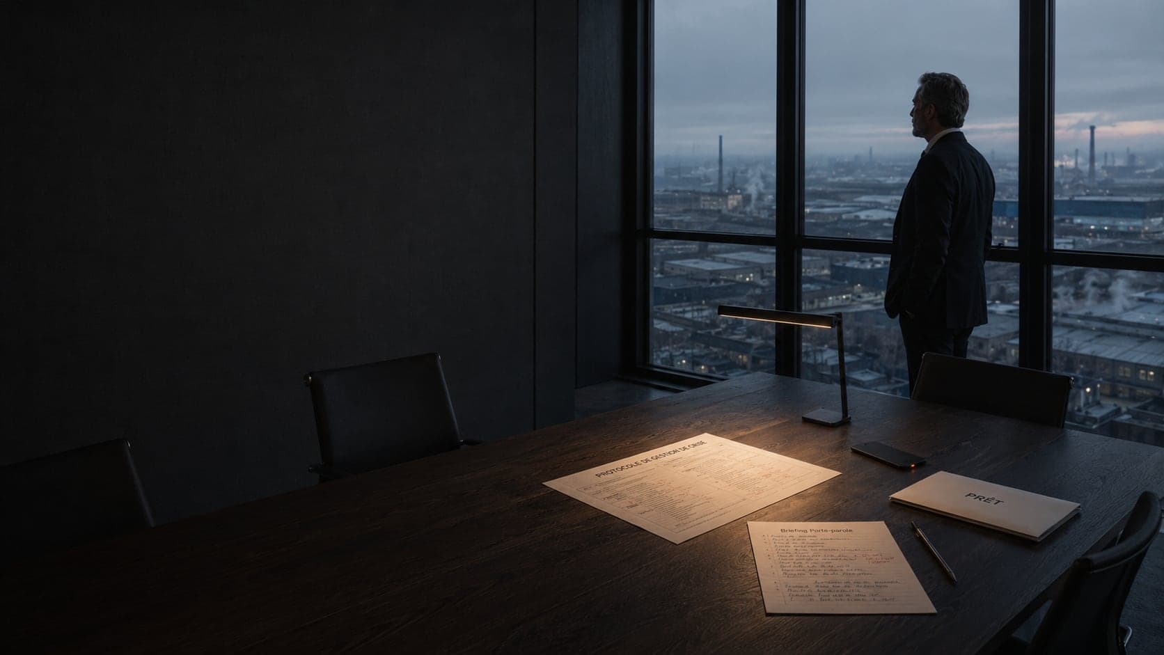 Une salle de décision au crépuscule, un protocole de gestion de crise éclairé sous la lampe, un dirigeant qui observe la ville industrielle avant l’activation.