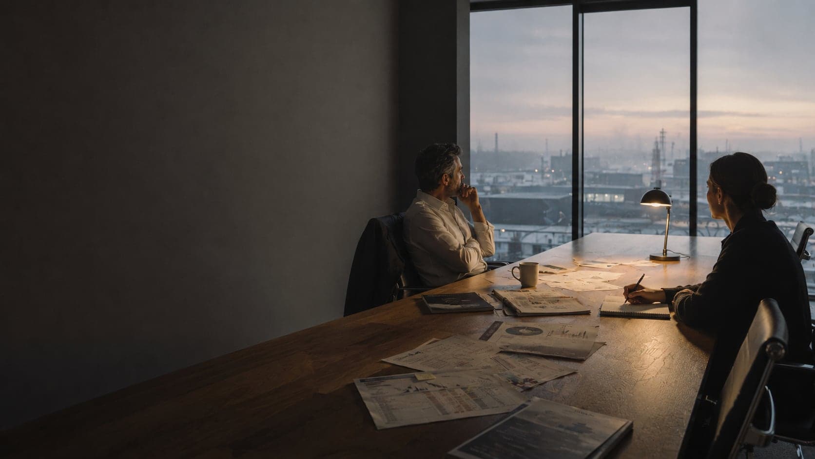 Deux dirigeants réfléchissent au crépuscule à une longue table de travail couverte de documents, face à une baie donnant sur une ville portuaire.