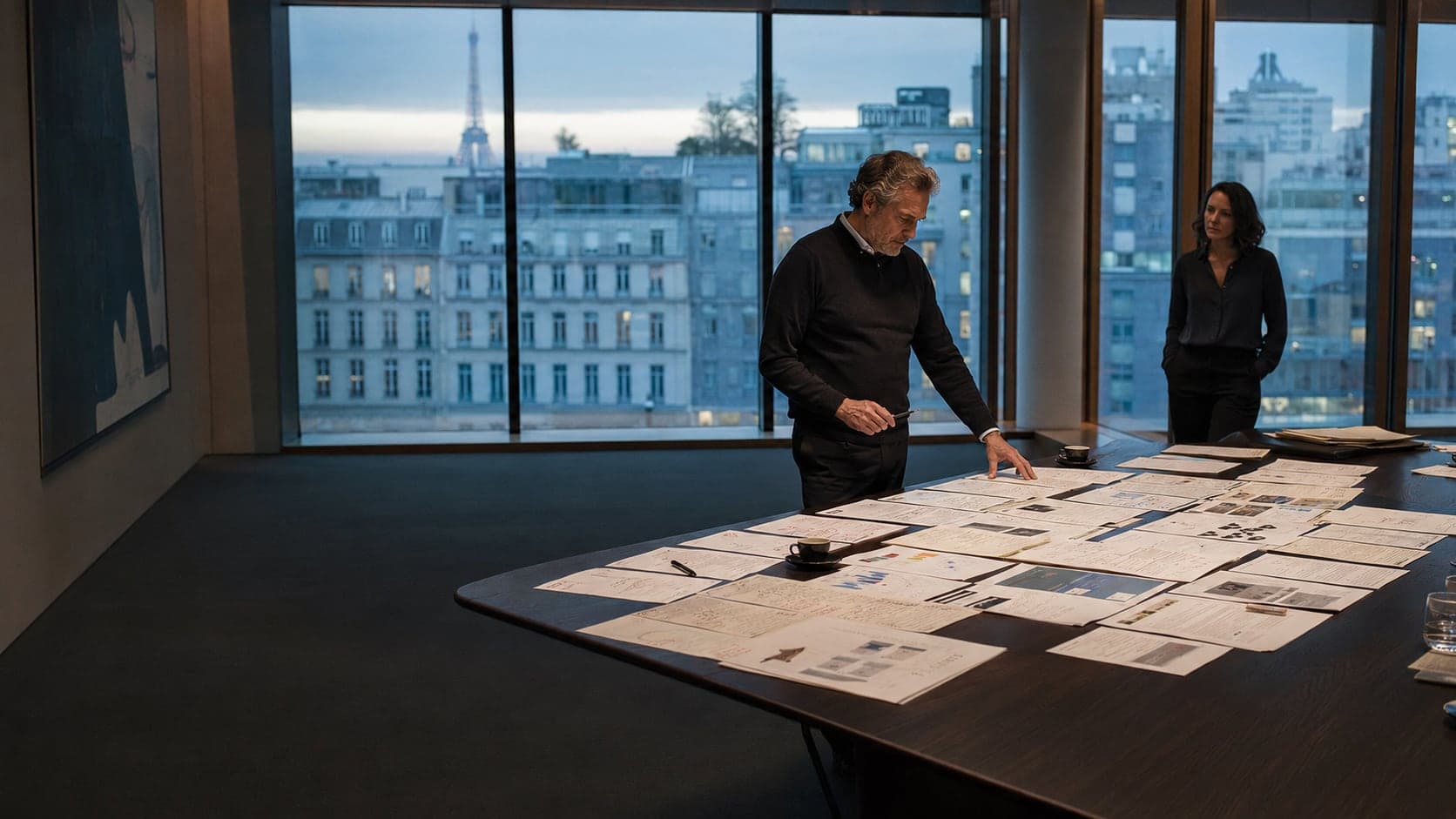 Un directeur marketing passe en revue un vaste ensemble de documents étalés sur la table d’une salle de conseil parisienne, une collaboratrice observe, la tour Eiffel au loin.