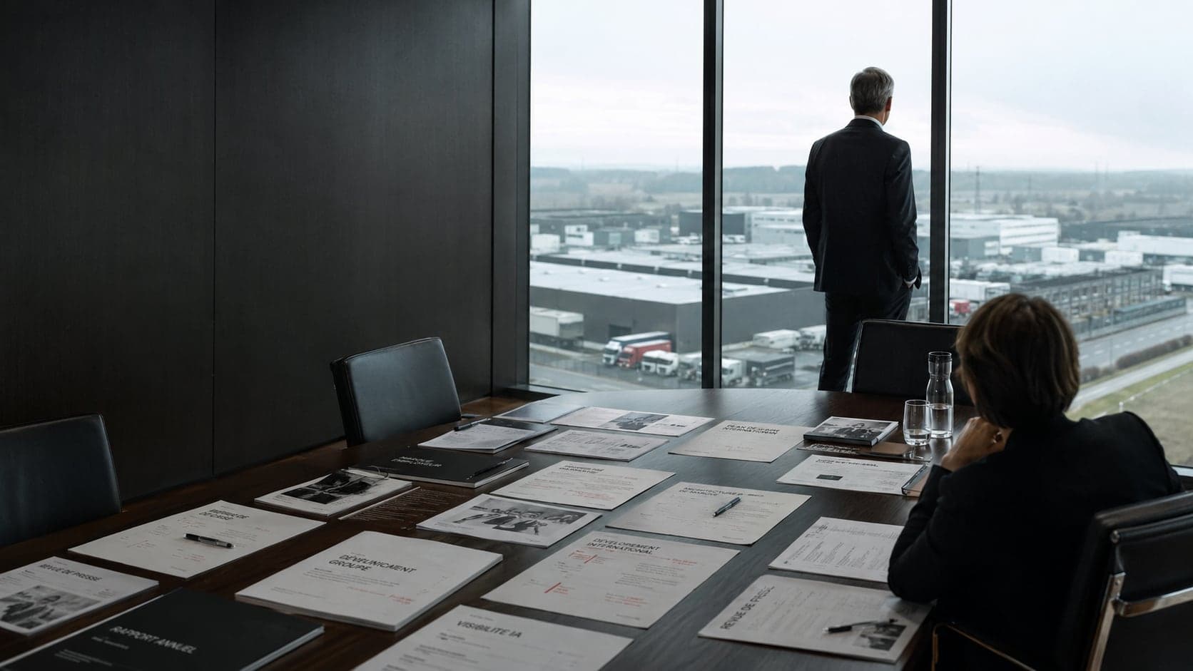 Scène illustrative de préparation d’une phase de développement, dans une salle donnant sur un site industriel.