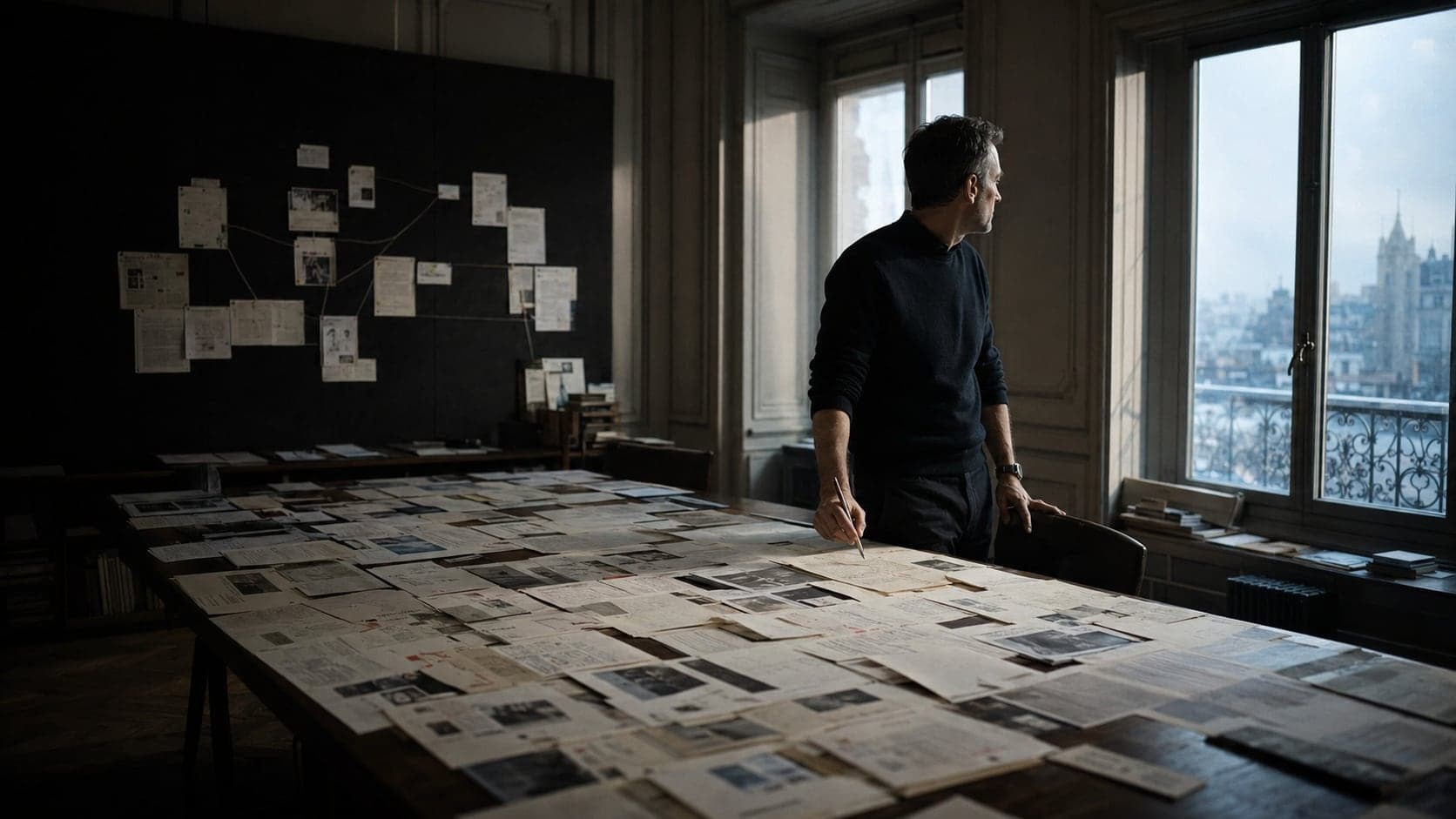 Un stratège annote un vaste corpus de documents et de coupures de presse dans un appartement haussmannien, un mur d’enquête relié par des fils en arrière-plan.