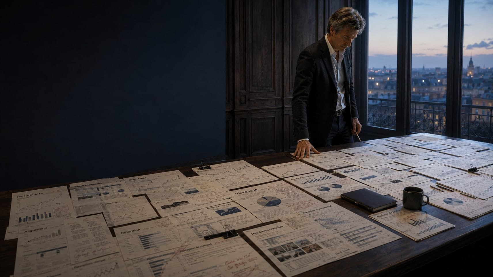 Un stratège examine des relevés de performance et des tableaux de bord imprimés étalés sur une grande table, acquisition, rétention, visibilité IA, fenêtre sur les toits de Paris au crépuscule.