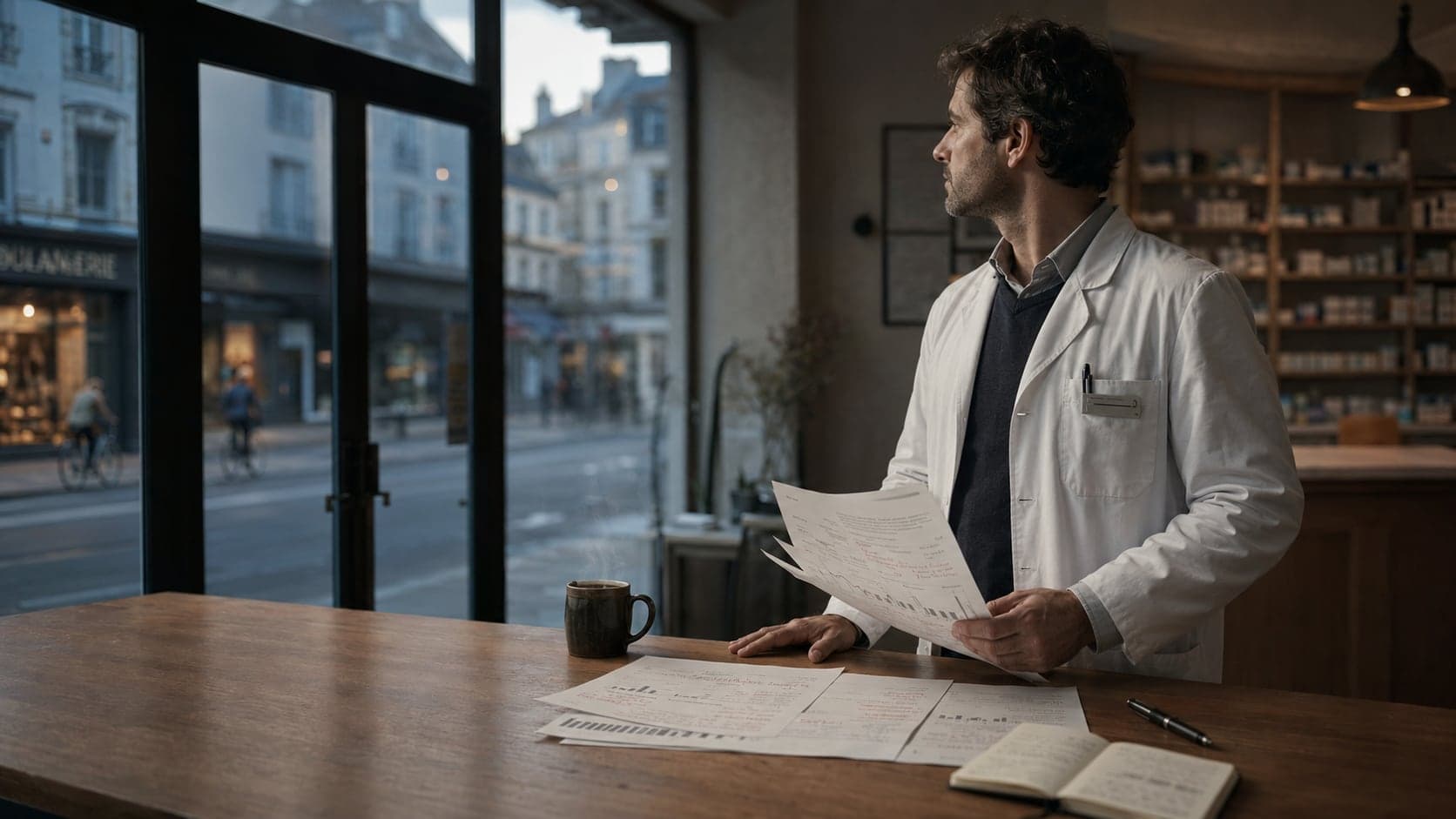 Un pharmacien en blouse examine des relevés de performance au comptoir de son officine, la rue et une boulangerie visibles à travers la vitrine.