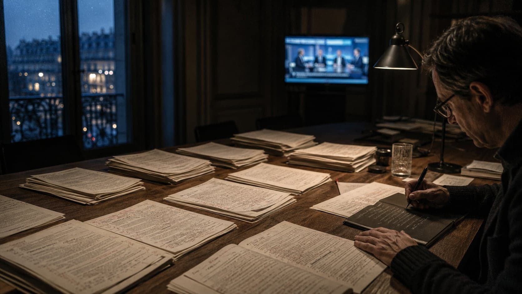 Un analyste annote méthodiquement des prises de parole politiques la nuit, un débat télévisé en fond, dans un appartement parisien.