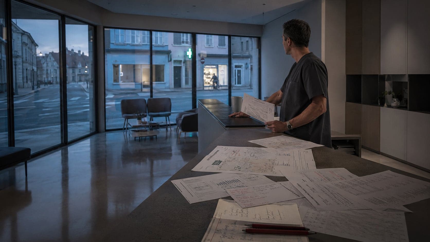 Un pharmacien au comptoir d’une officine contemporaine au crépuscule, la croix verte allumée sur la rue, un plan d’implantation et des documents étalés devant lui.