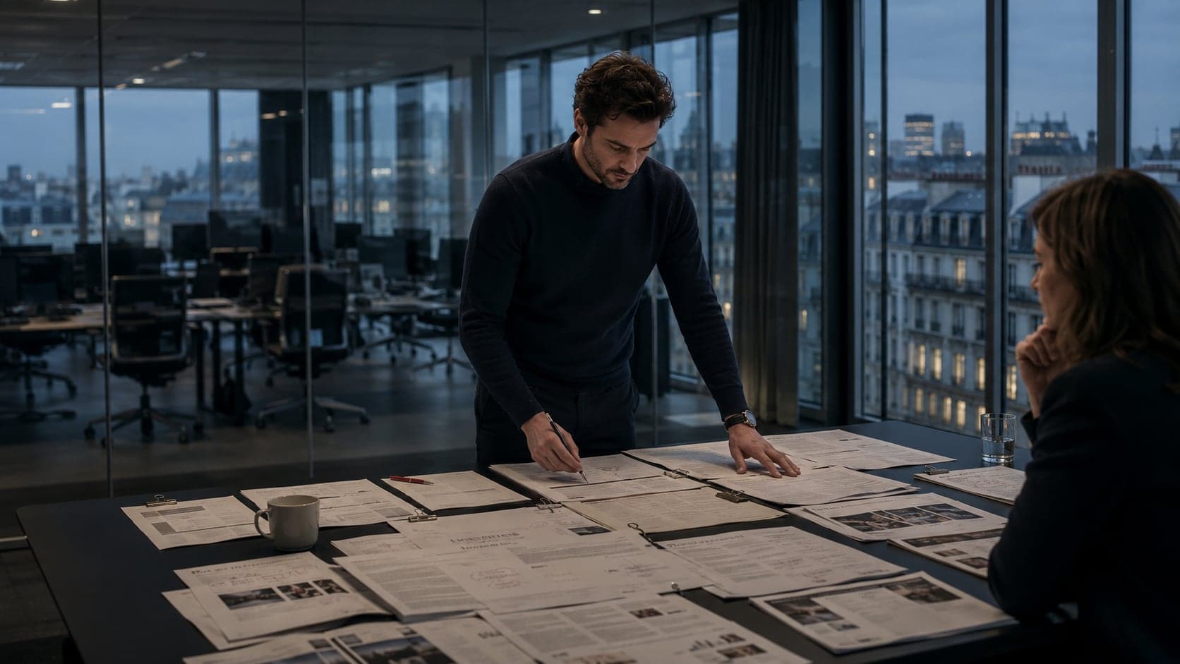 Un fondateur annote des documents étalés sur une table dans un bureau vitré contemporain, un open space en arrière-plan, les toits de Paris au crépuscule.