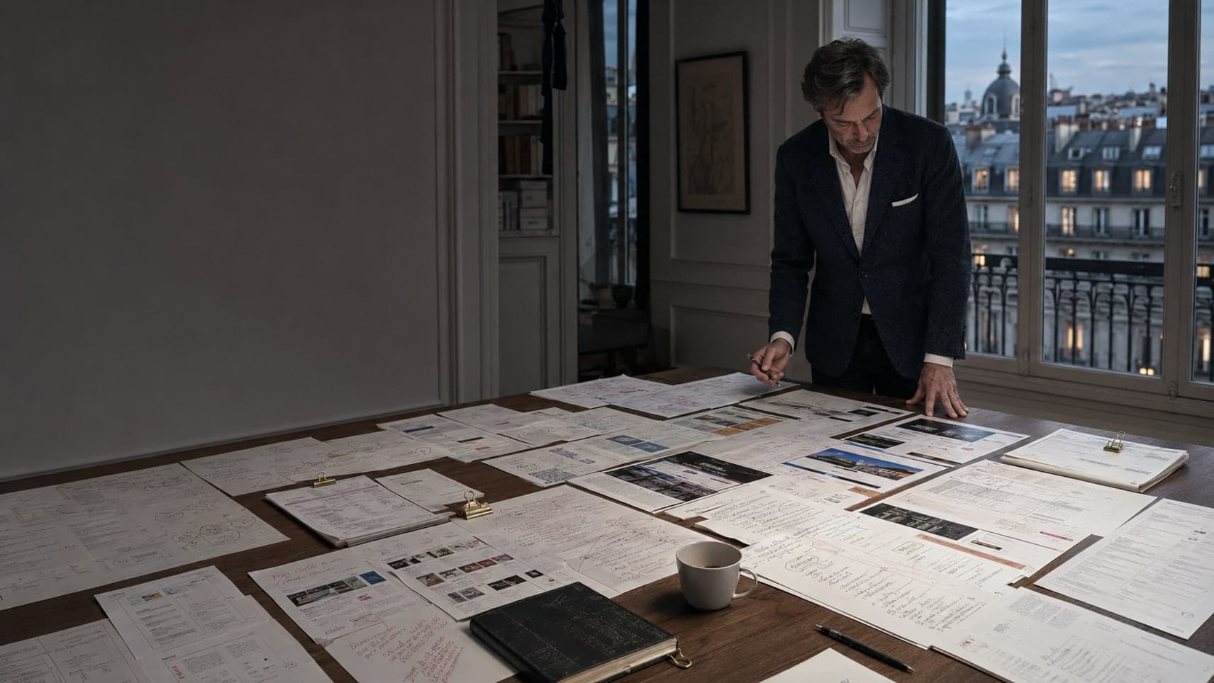 Un stratège passe en revue des maquettes de sites et des gabarits imprimés étalés sur une grande table, fenêtre haussmannienne sur les toits de Paris au crépuscule.