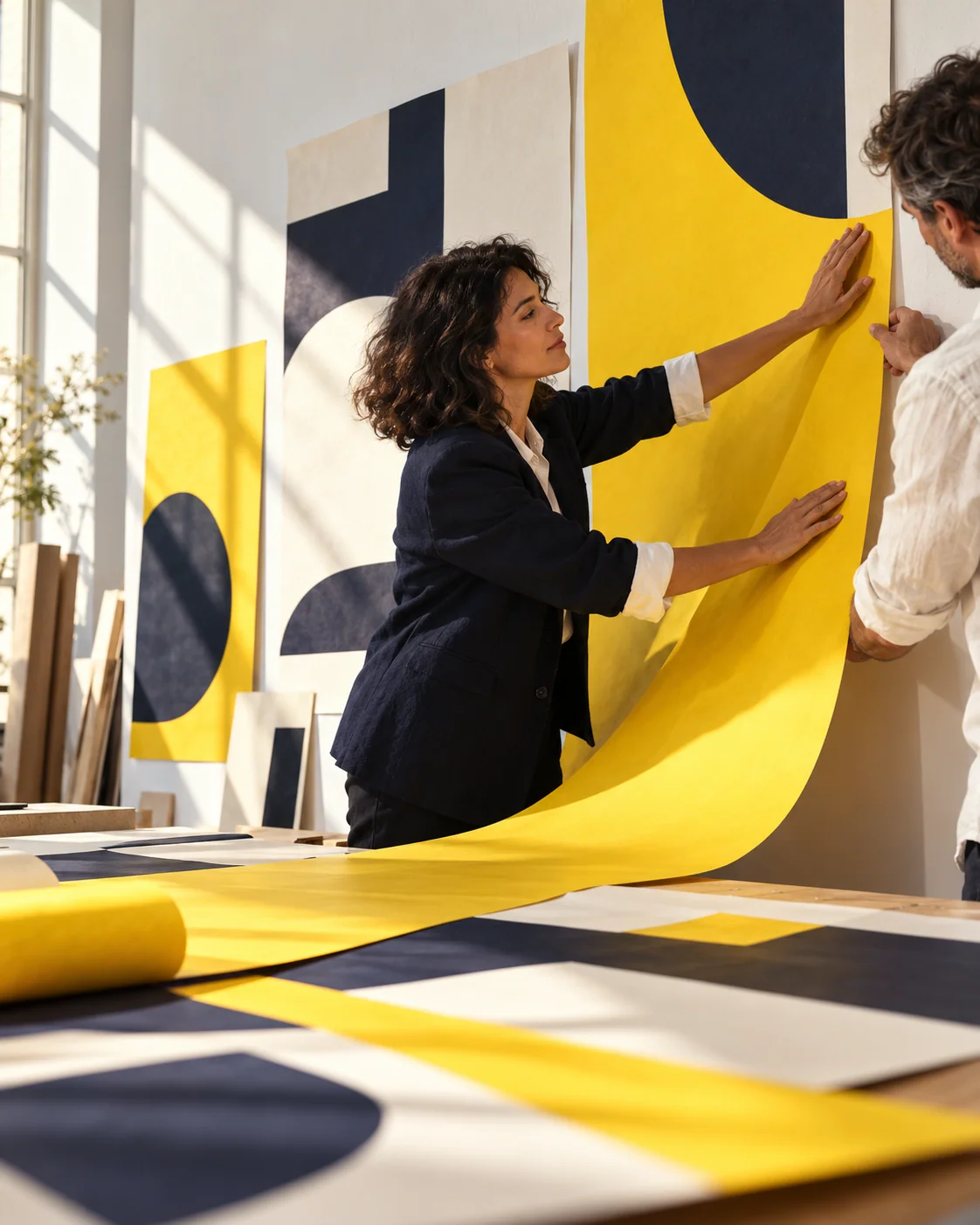 Scène illustrative : travail de composition autour de grandes formes jaunes et bleu nuit.