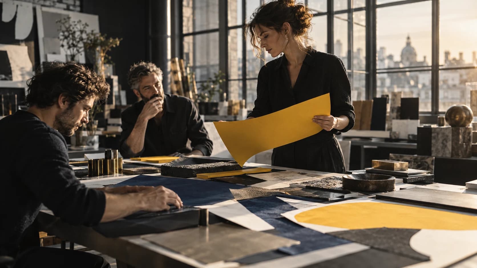 Travail d’équipe autour de supports de marque jaunes et bleu nuit.