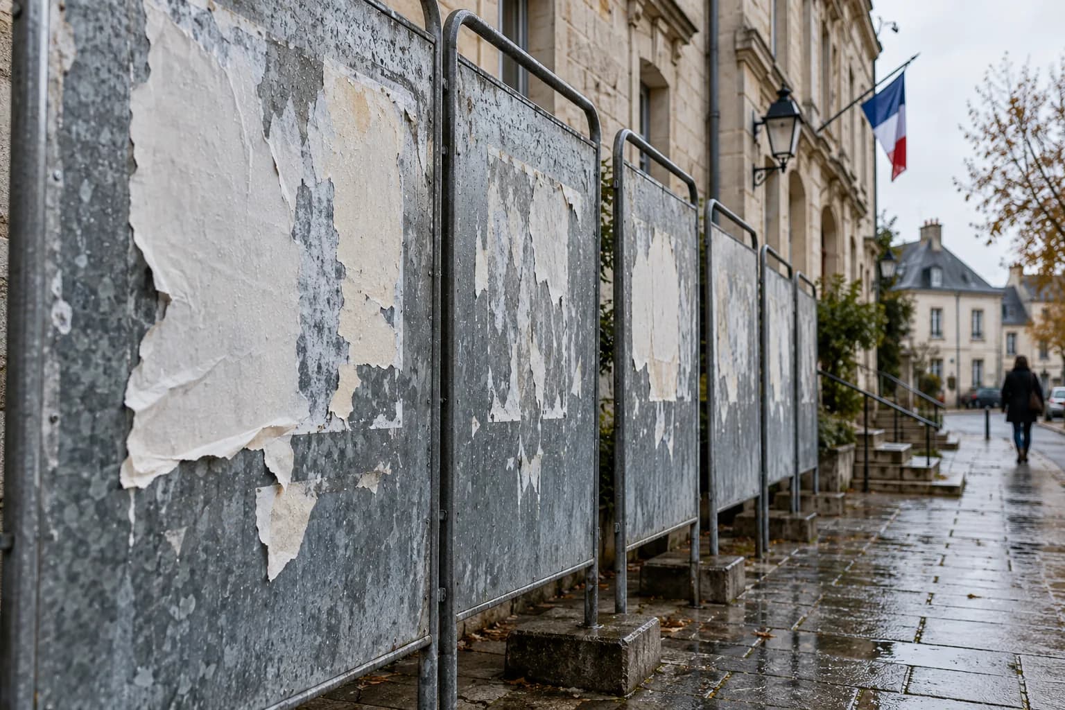 Des panneaux d’affichage électoral couverts de traces de papier bordent une rue mouillée.