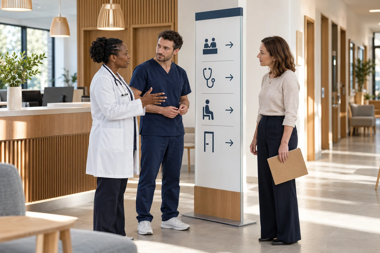 Trois professionnels échangent dans un espace d’accueil de santé, près de la signalétique d’orientation.