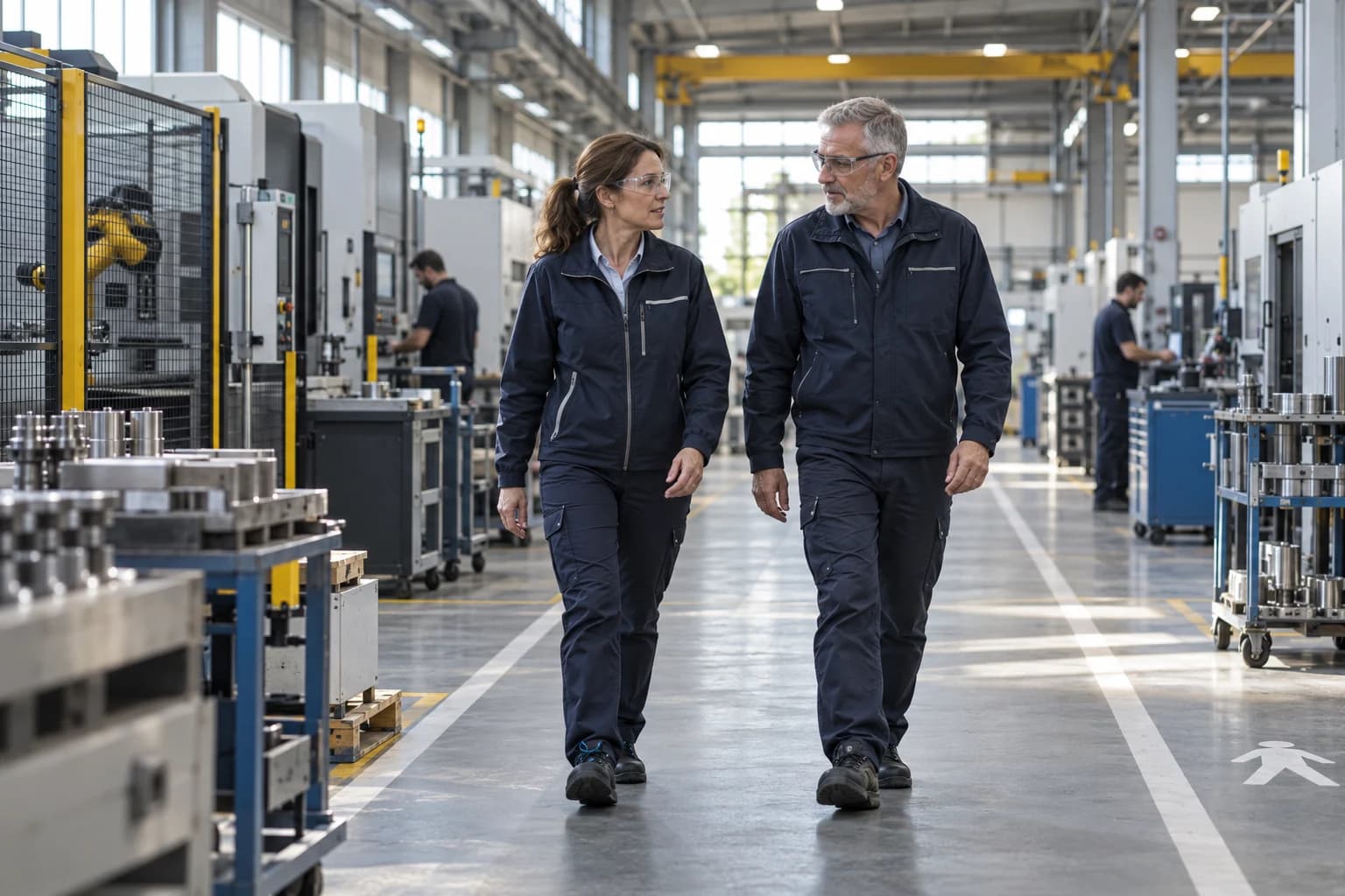 Une responsable parcourt un site industriel avec un collaborateur et examine les conditions de production.