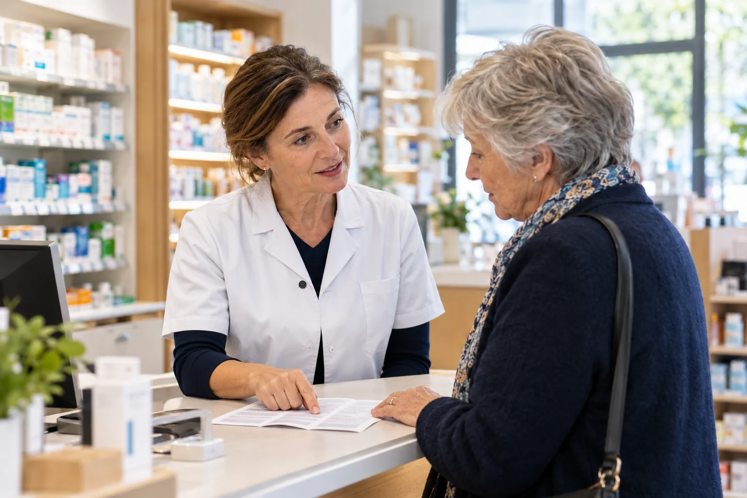 Une pharmacienne explique une information à une patiente, dépliant posé sur le comptoir.