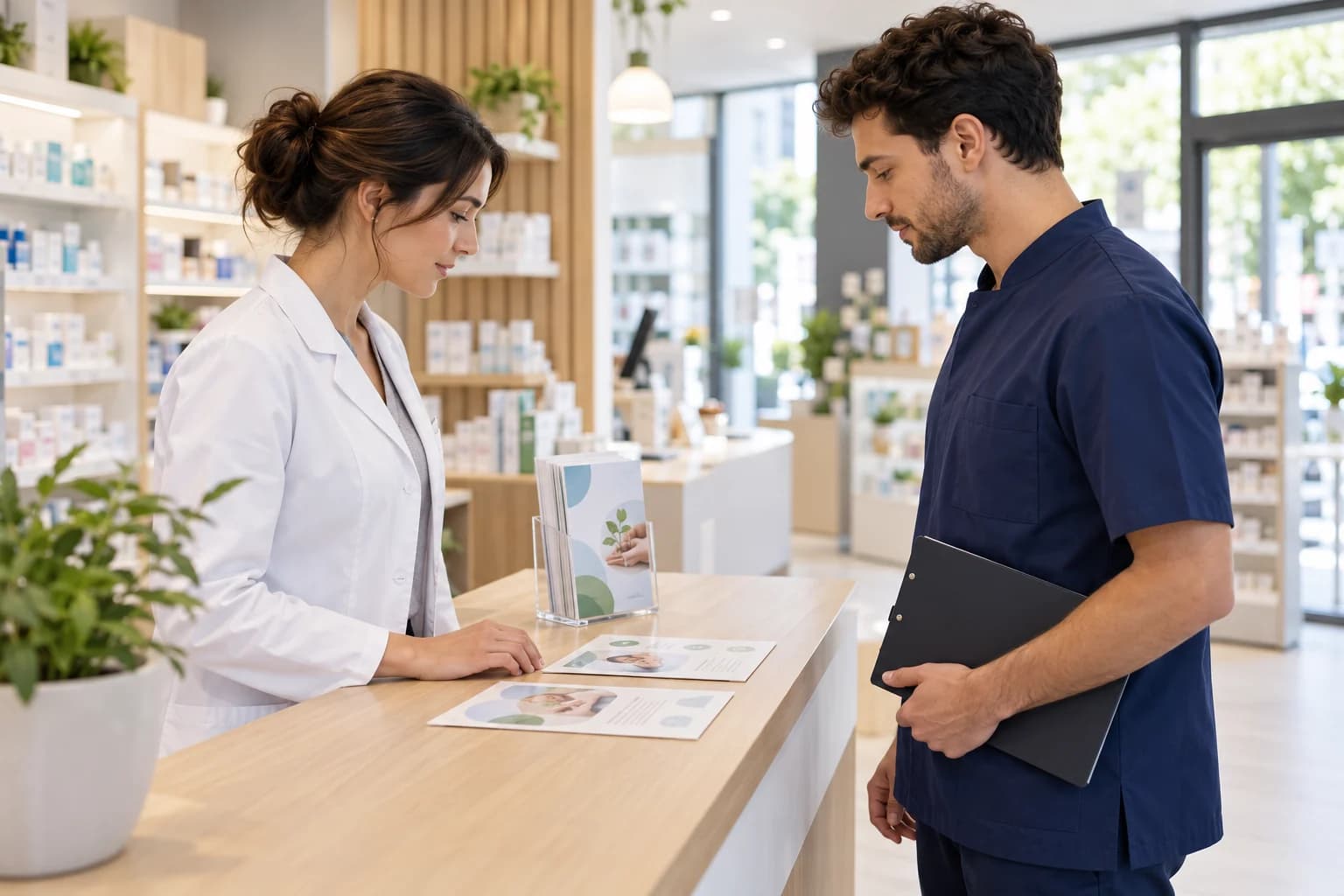Une pharmacienne et un collègue examinent des supports imprimés sur le comptoir de l’officine.