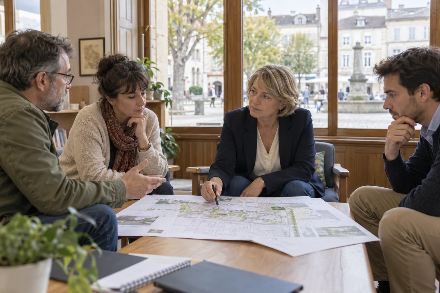 Une responsable de collectivité échange avec des habitants autour d’un projet de territoire.