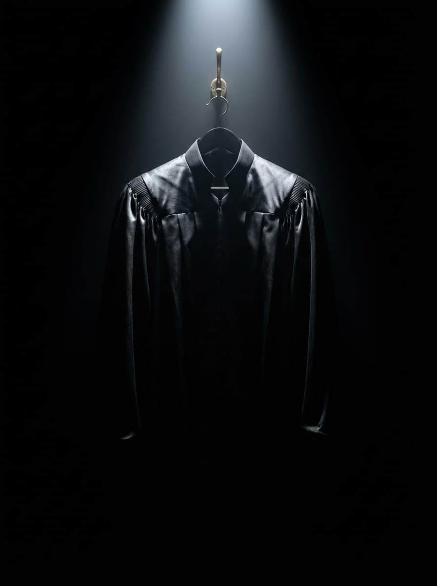 Nature morte éditoriale — robe d'avocat en clair-obscur