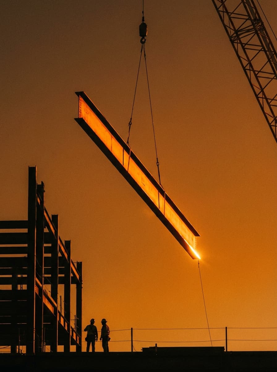 Nature morte éditoriale — poutre d'acier au coucher de soleil