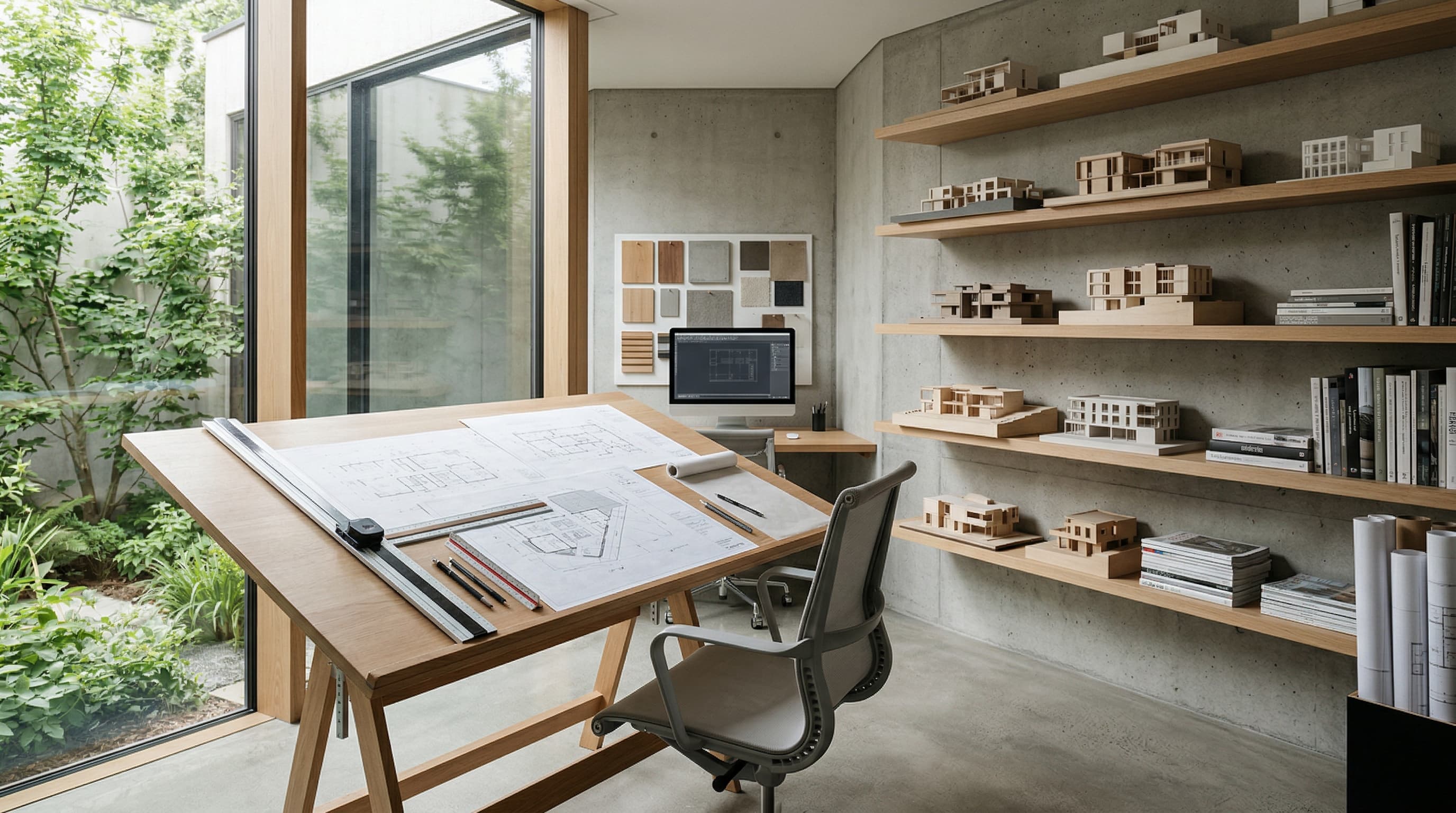 Architecte à sa table de travail examinant des plans