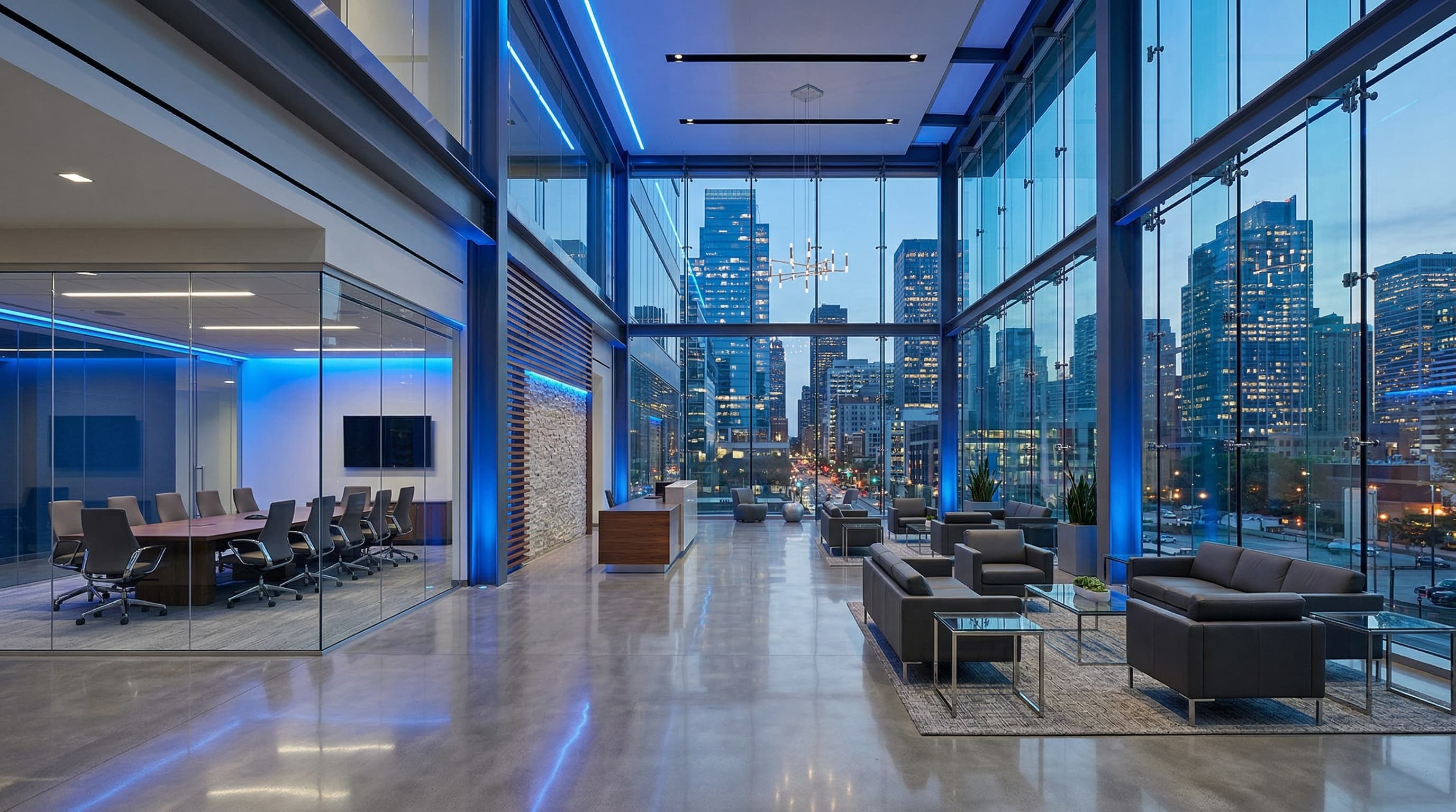 Siège social moderne avec lobby vitré et vue panoramique