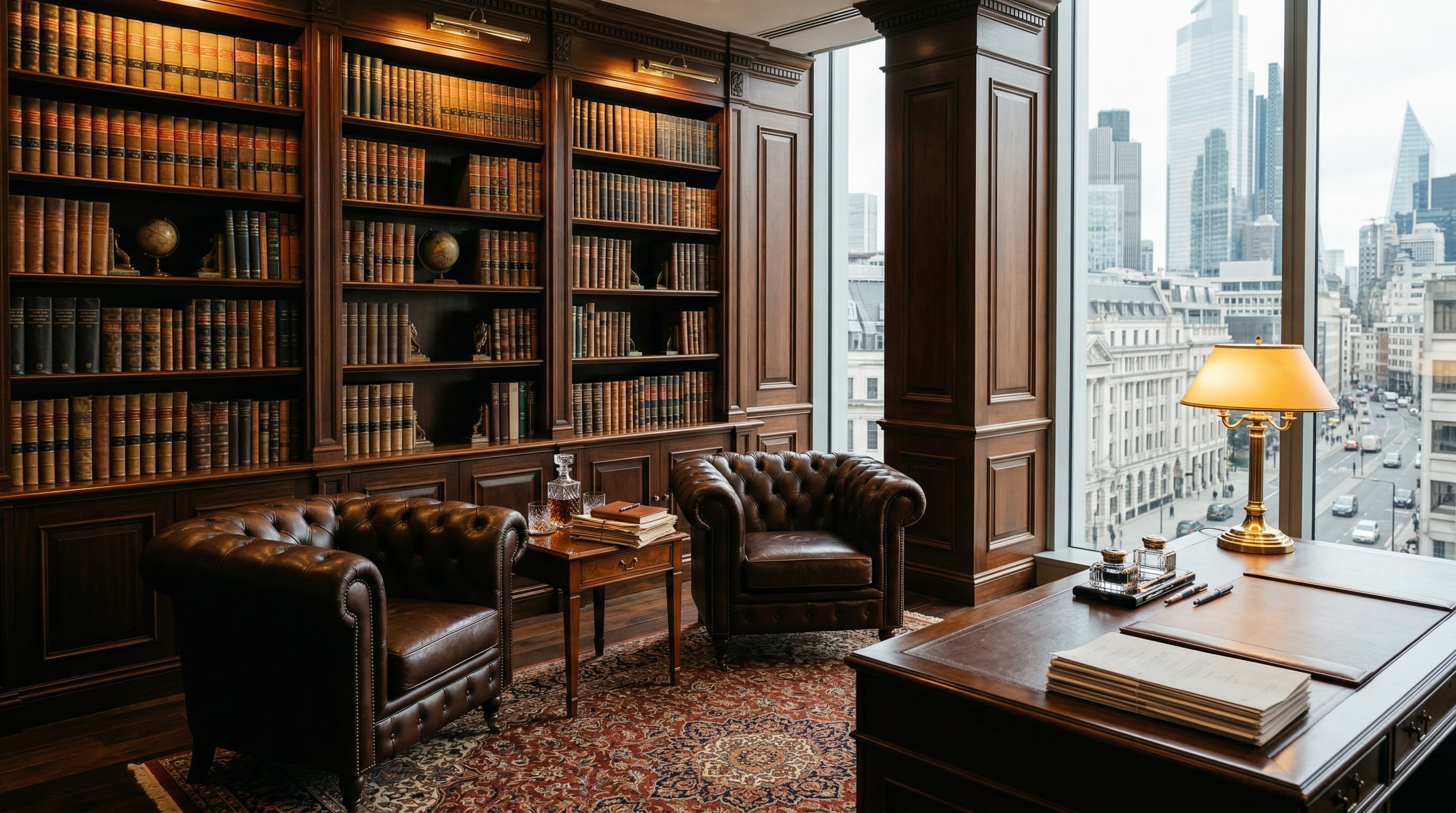 Cabinet d'avocats élégant avec bibliothèque juridique